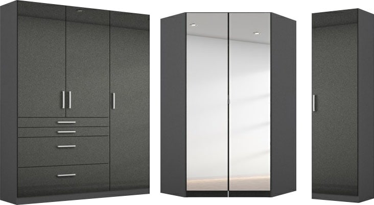 Schrank-Set RAUCH "Kleiderschrank Schrank Garderobe Garderobenschrank Eckschrank HOMBURG", grau (graumetallic, hochglanz effektgrau), B:253cm H:197cm T:163cm, Holzwerkstoff, Kastenmöbel-Sets, viel Stauraum, oberer Schubkasten mit Einteilung MADE IN...