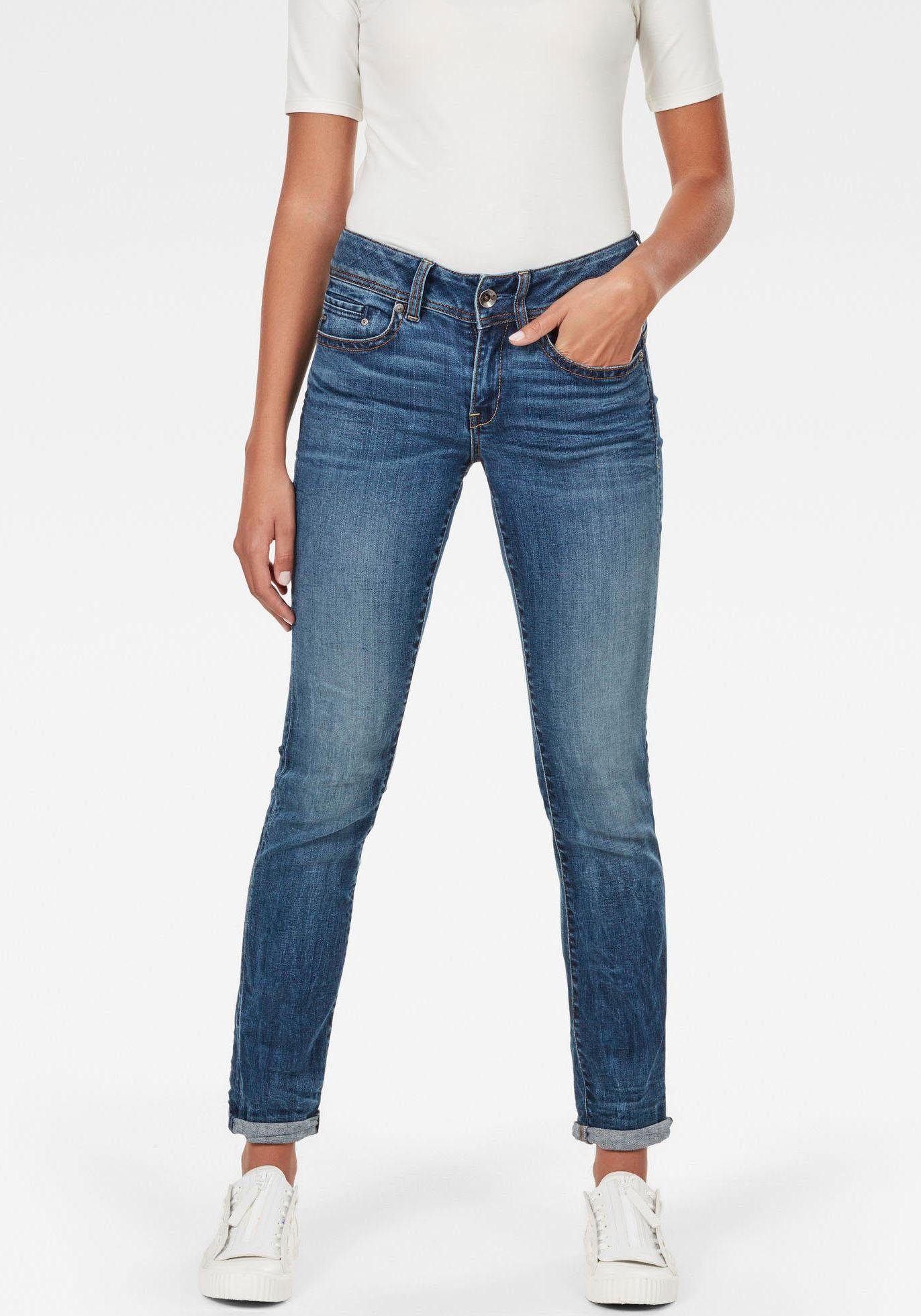 Straight-Jeans G-STAR "Midge Straight Women", Damen, Gr. 27, Länge 30, blau (medium indigo aged, elto superstretch), Denim/Jeans, Obermaterial: 92% Baumwolle, 7% Polyester, 1% Elasthan, gerade lang, Jeans Straight-Jeans, mit Used-Effekten