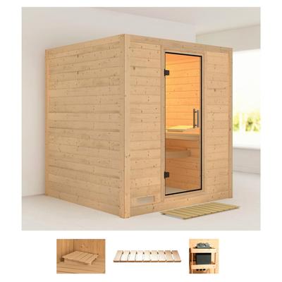 Sauna KARIBU "Menja", beige (naturbelassen), ohne Ofen, (ohne Ofen), Saunen, ohne Ofen