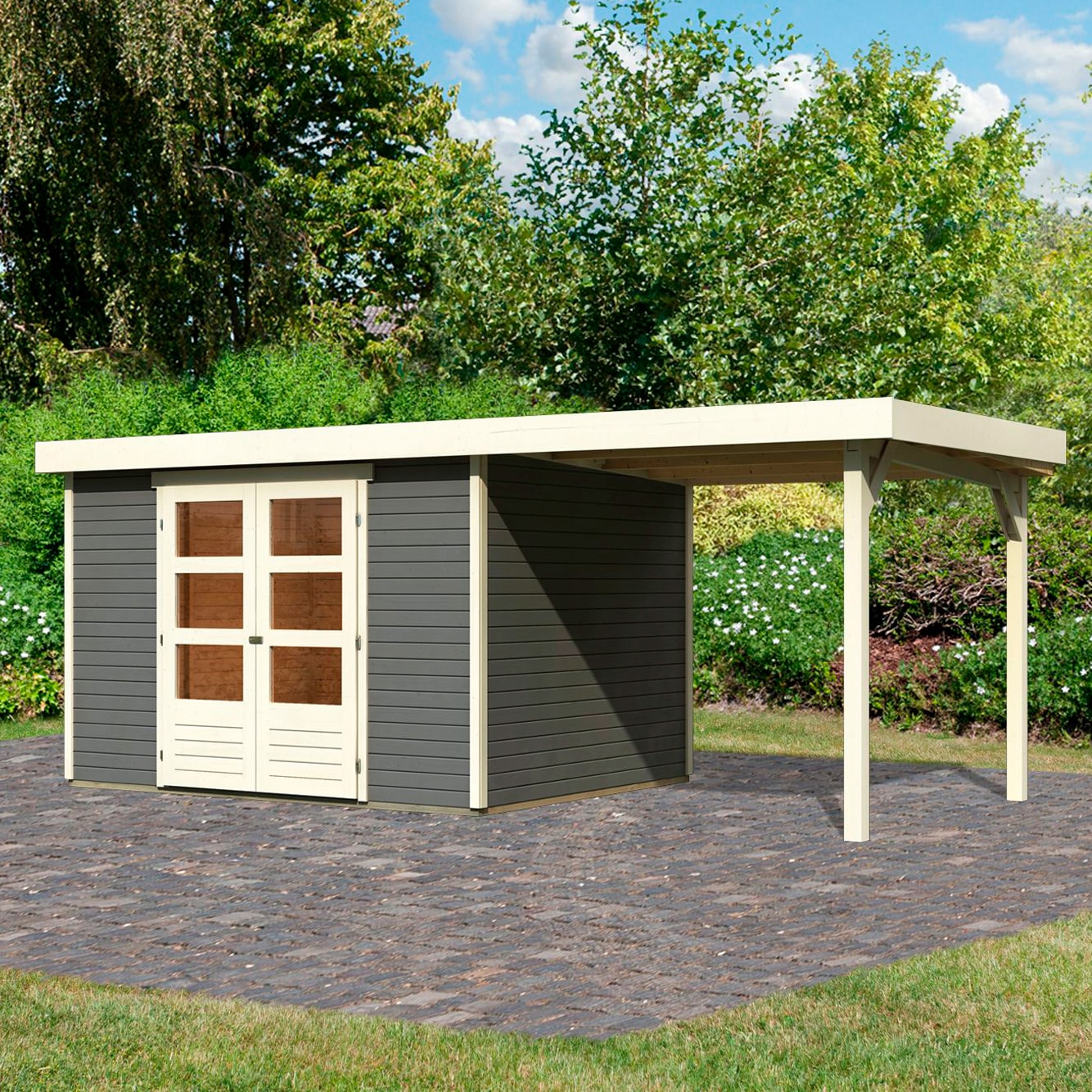 Gartenhaus KARIBU "Arnis 5" SET anthrazit mit Anbaudach 2,40 m Breite", grau (terragrau, elfenbeinfarben, naturbelassen), ohne Fußboden, ohne Rück- und Seitenwand, ohne Dacheindeckung, Holzwerkstoff, Gartenhäuser, Gartenhaus, aus hochwertiger...