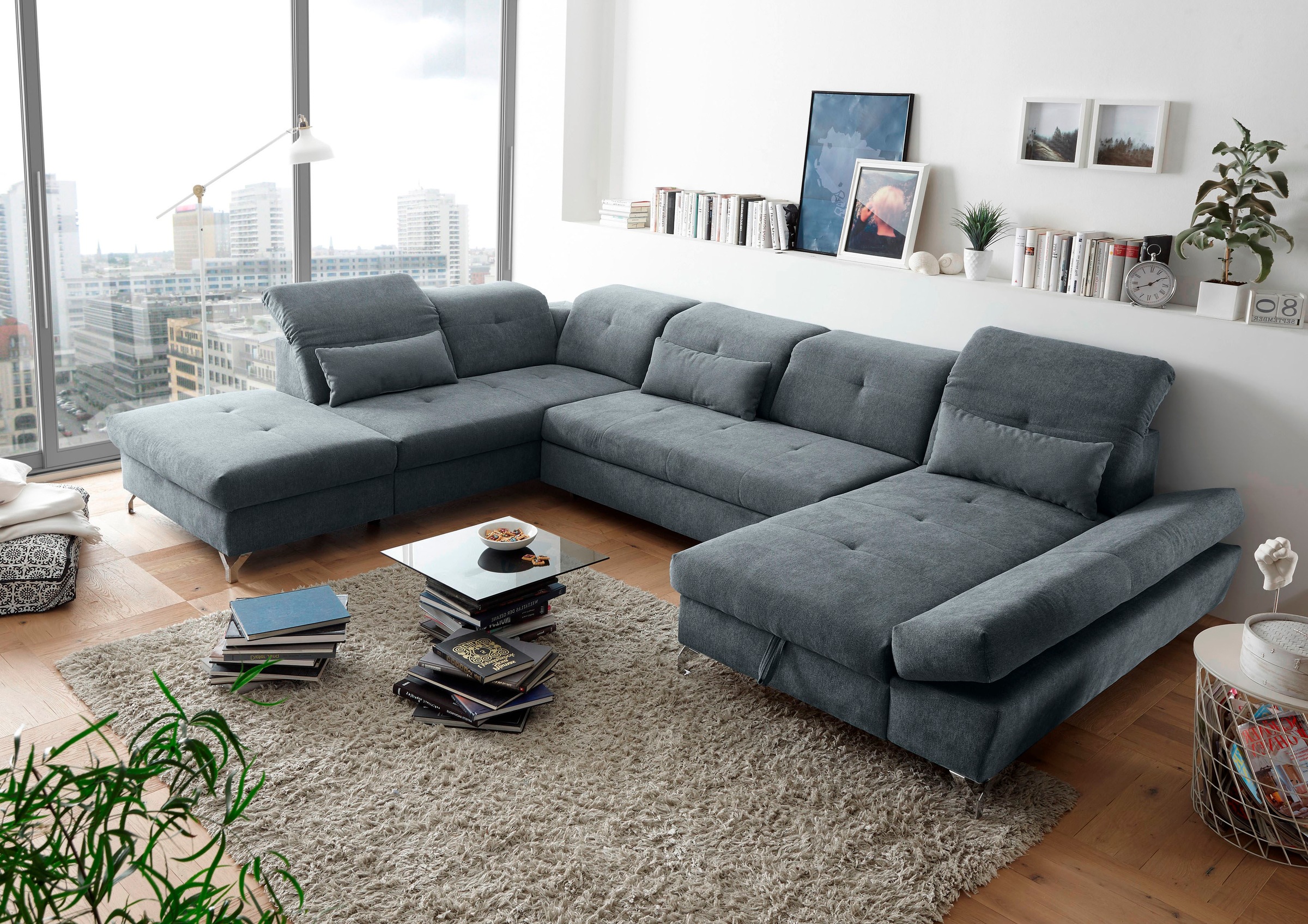 Wohnlandschaft ED EXCITING DESIGN "Melfi U-Form mit Bettfunktion, Bettkasten", grau, B:350cm H:73cm T:245cm, 95% Polyester, 5% Nylon, Sofas, Wohnlandschaft, Arm- & Kopfteilverstellung & 3 Nierenkissen
