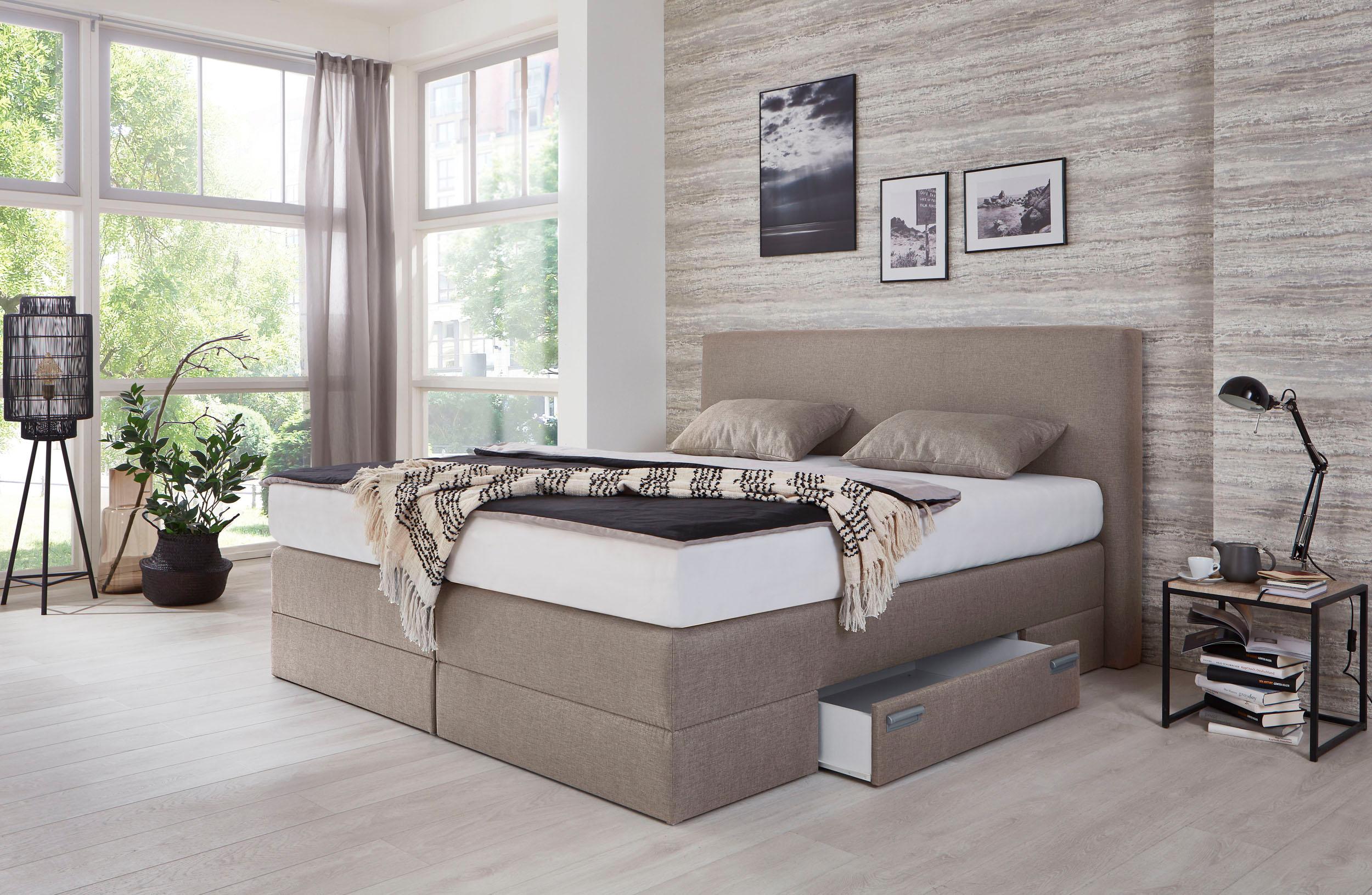 Boxspringbett, beige (strukturstoff beige), Liegefläche B/L: 180cm x 200cm, H3, 5-Zonen-Tonnentaschen-Federkernmatratze, WESTFALIA SCHLAFKOMFORT, Komplettbetten, Boxspringbett, mit Schubkästen und Zierkissen