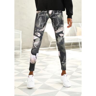 Leggings LASCANA ACTIVE "Tropical", Damen, Gr. XS (32/34), N-Gr, bunt (gemustert, khaki, hellrosa), Obermaterial: 94% Baumwolle, 6% Elasthan, gemustert, sportlich, figurbetont lang, Hosen, mit abstraktem Blumenprint, Loungewear Image