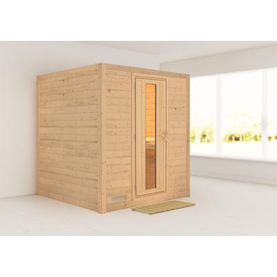 Sauna KARIBU "Menja", beige (naturbelassen), ohne Ofen, (ohne Ofen), Saunen, ohne Ofen