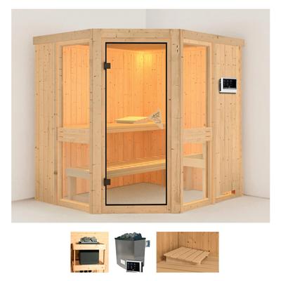 Sauna KARIBU "Aline 1", beige (naturbelassen), Saunaofen, externe Steuerung, 9 kW, Saunen, 9-kW-Ofen mit externer Steuerung