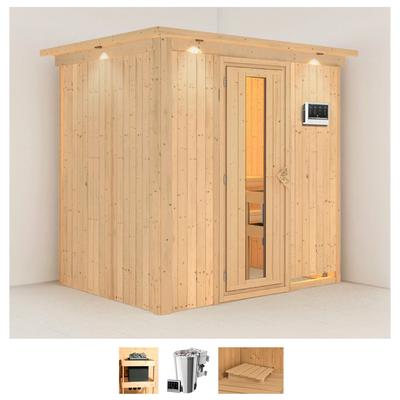 Sauna KARIBU "Finja", beige (naturbelassen), Bio-Kombiofen, externe Steuerung, 3,6 kW, Saunen, 3,6-kW-Bio-Plug & Play Ofen mit externer Steuerung