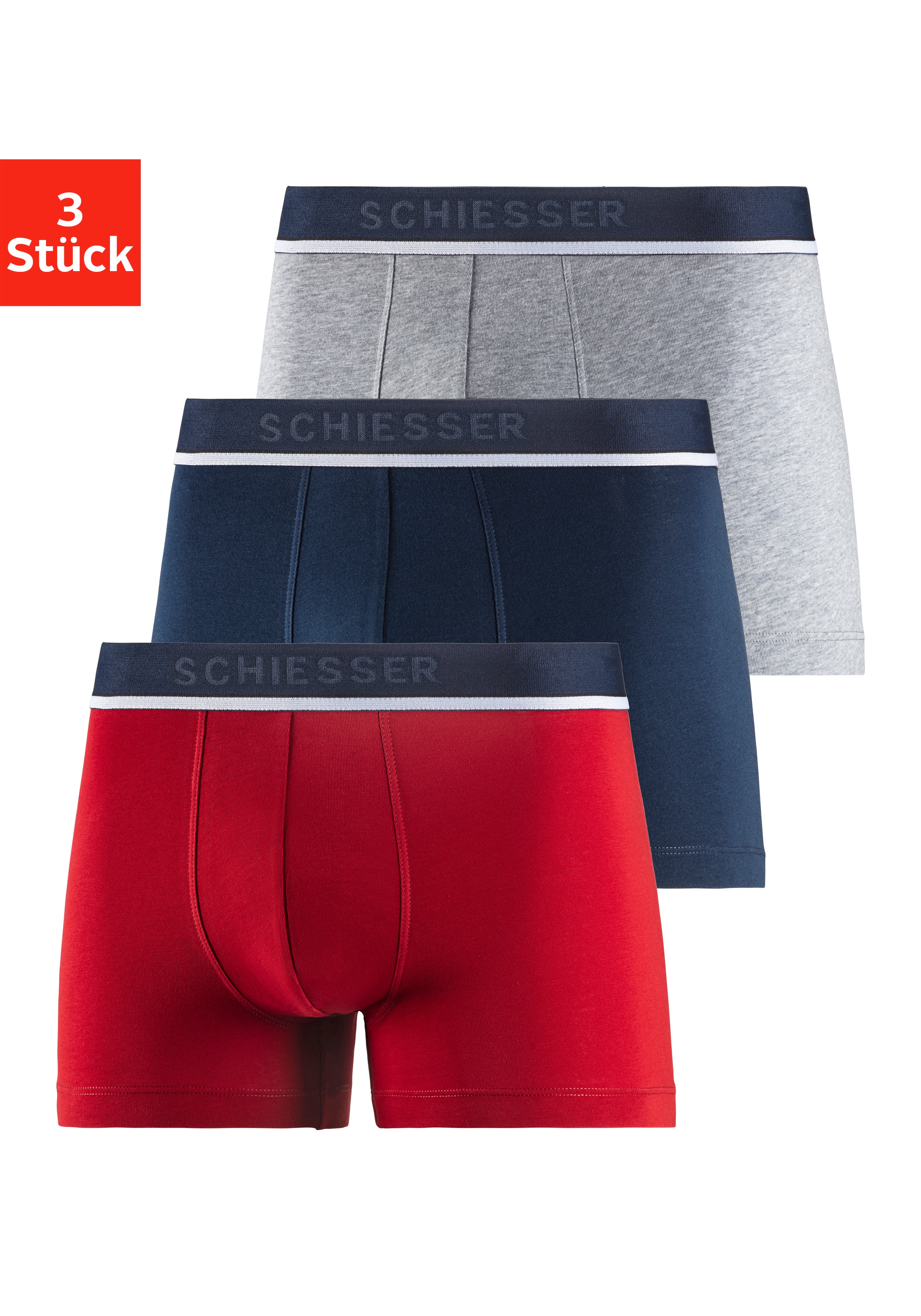 Boxer SCHIESSER "95/5", Herren, Gr. 7, bunt (909, rot, blau, grau meliert), Jersey, Obermaterial: 95% Baumwolle, 5% Elasthan, meliert, unifarben, eng, Unterhosen, mit sportlichem Logo-Webgummibund Image