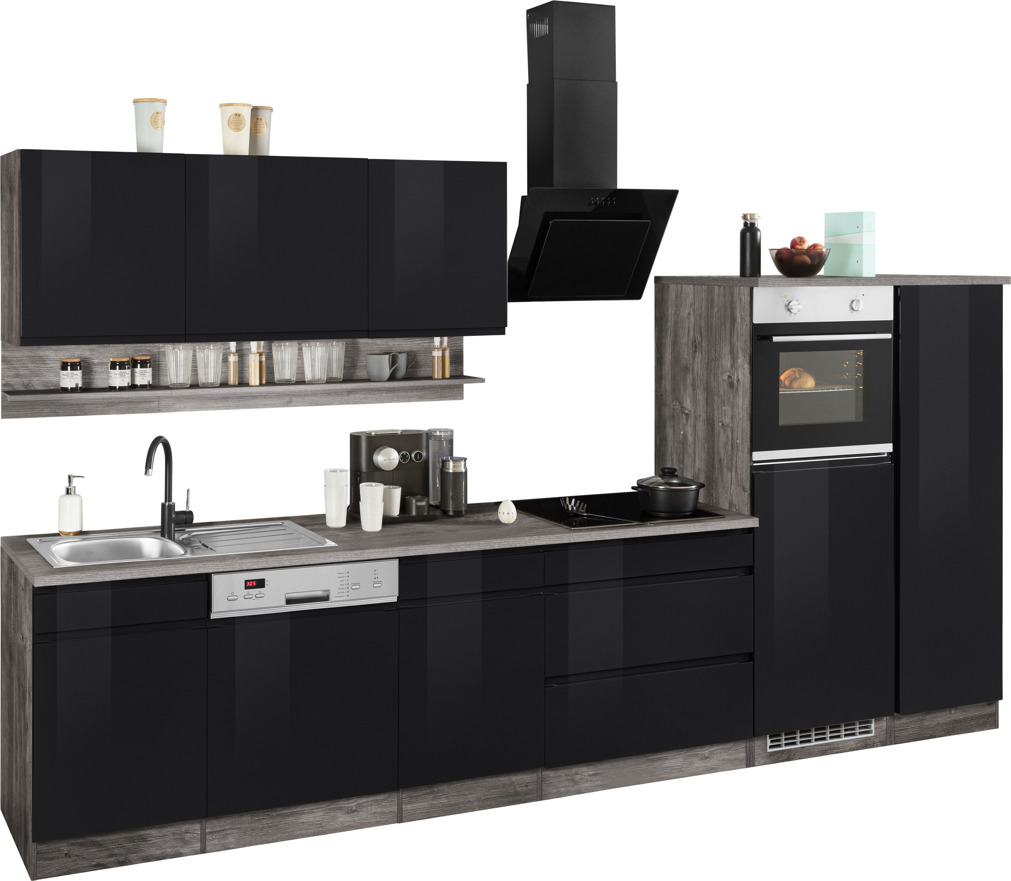 Küchenzeile KOCHSTATION "KS-Virginia", schwarz (küche: schwarz, front: schwarz hochglanz, korpus: eiche vintage, arbeitsplatte: eiche vintage), B:350cm H:200cm T:60cm, Komplettküchen-Sets, Küchenzeile, Breite 350 cm, ohne E-Geräte