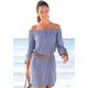 Blusenkleid LASCANA Gr. 38, N-Gr, blau (blau, weiß) Damen Kleider Strandkleider mit Streifendruck und Carmenausschnitt, Sommerkleid, Strandkleid