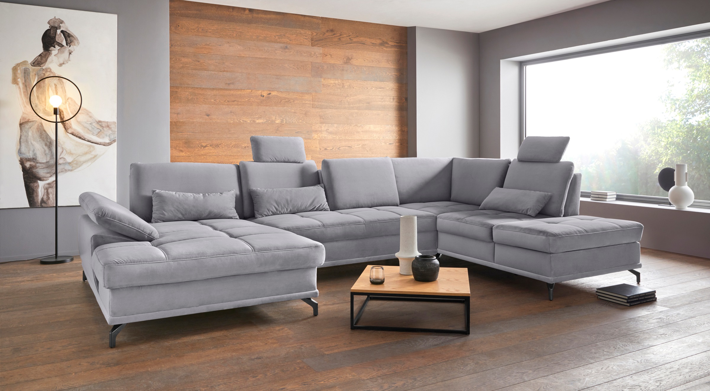 Wohnlandschaft OTTO HOME "Costello U-Form, B: 363 cm mit Sitztiefen-, Armteilverstellung &", grau (hellgrau), B:363cm H:89cm T:223cm, 100% Polyester;Samtoptik (100% Polyester), Sofas, Wohnlandschaft, 3 Nierenkissen, optional Bettfunktion & Bettkasten