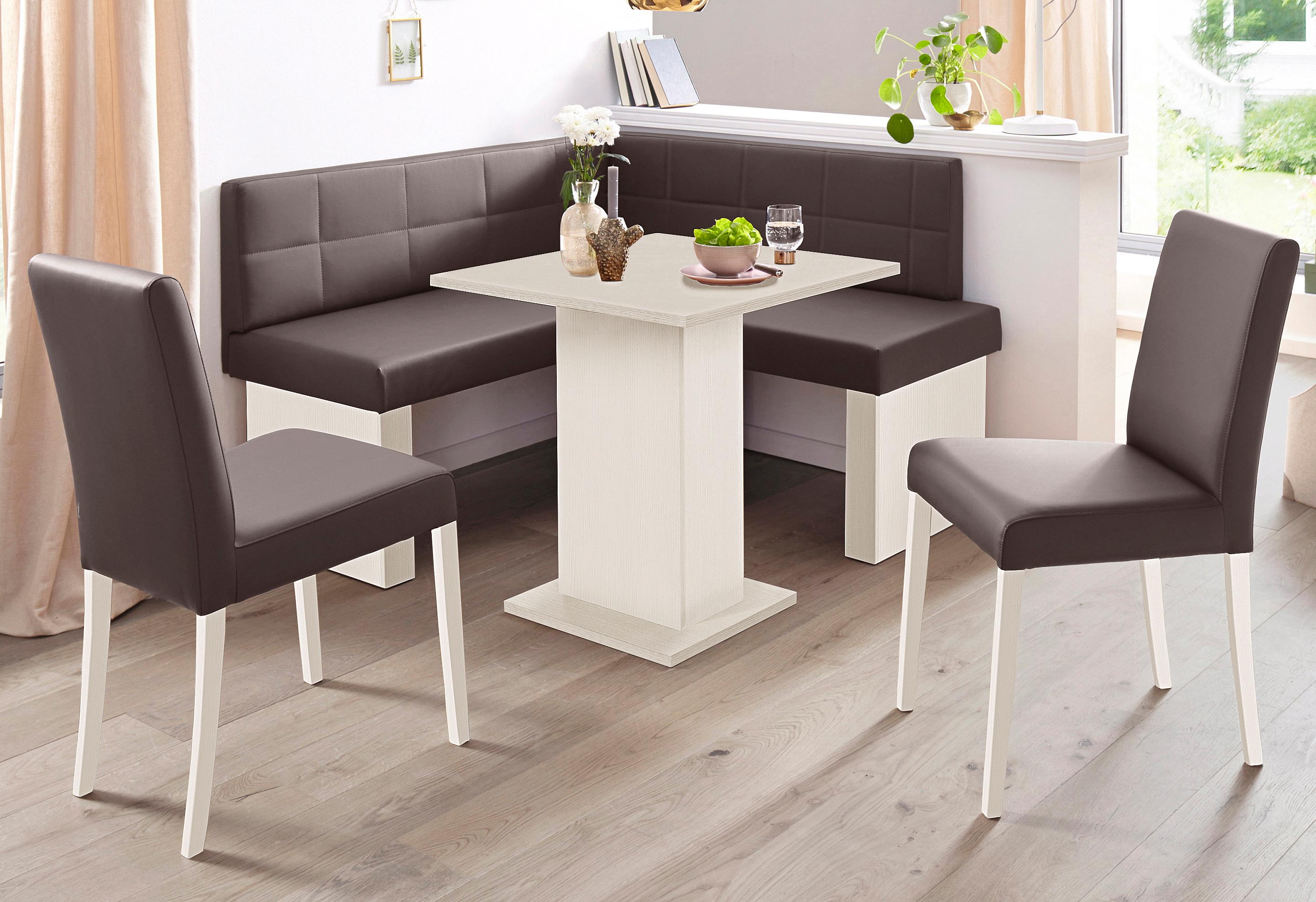 Eckbankgruppe MASSIVLINE & MORE "Anna 2", braun (holzwerkstoff mit farbe weiß, lotos 5093 dunkelbraun, dunkelbraun, weiß), Kunstleder, Eckbank Anna 130cm x 130cm,Säulentisch Anna 68cm x 68cm,2 x Stühle Anna,Weiß dekor,Lotos 5093 dunkelbraun,...