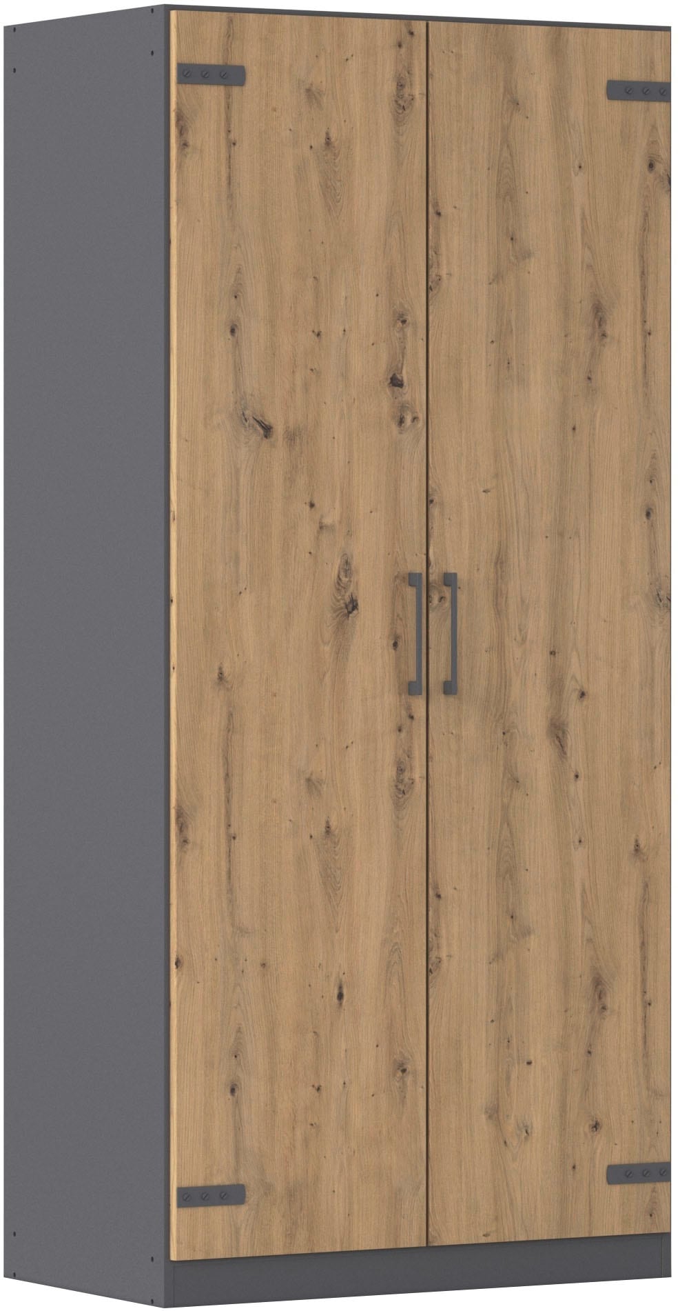 Drehtürenschrank RAUCH "Kleiderschrank Jugendzimmer Kinderzimmer Stauraum Topseller Holmes", grau (graumetallic, eiche artisan), B:91cm H:197cm T:54cm, Holzwerkstoff, Schränke, Drehtürenschrank, mit Applikationen "Industrial Style"