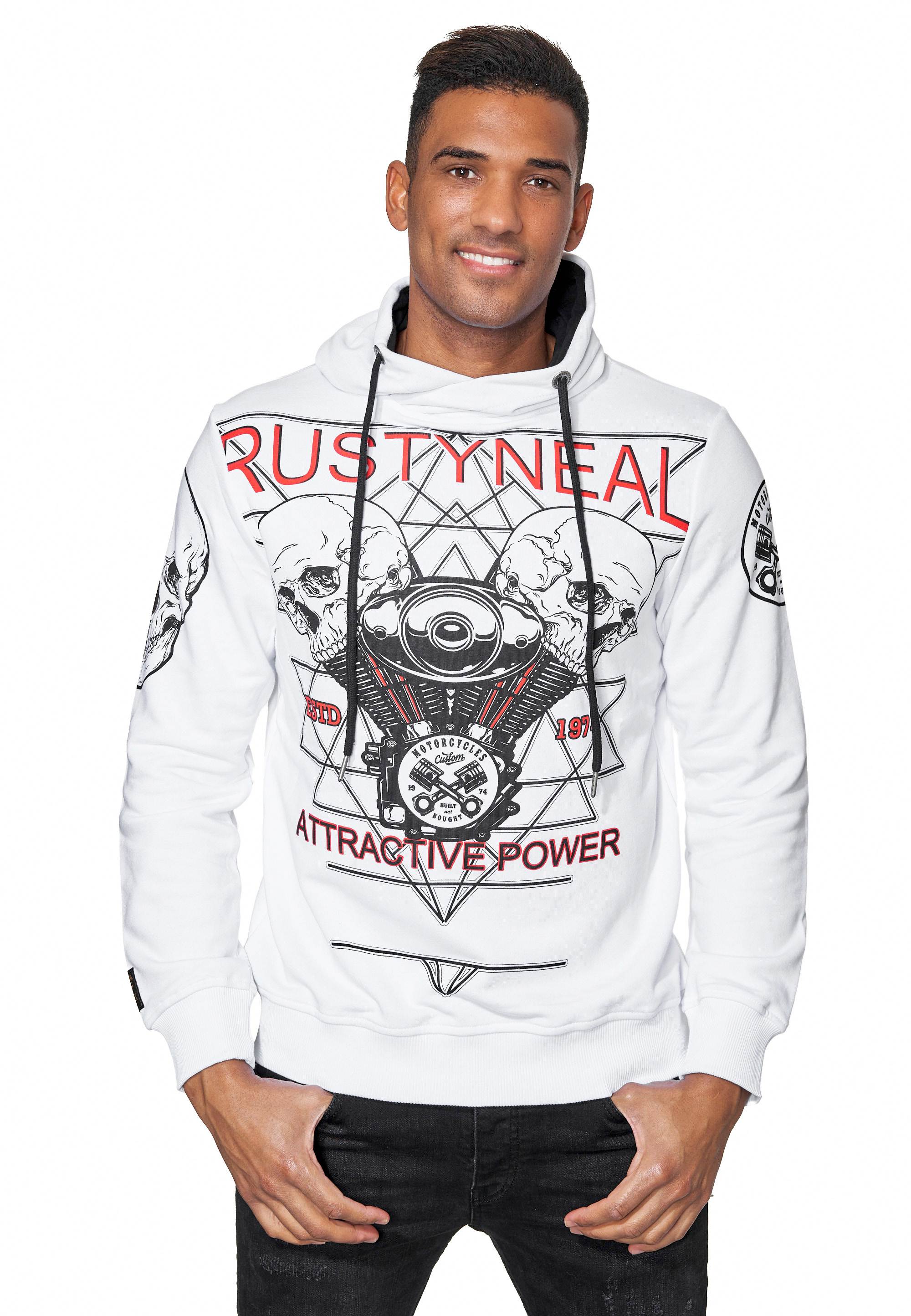 Kapuzensweatshirt RUSTY NEAL "Rusty Neal Sweater", Herren, Gr. M, weiß, 70% Baumwolle, 30% Polyester, bedruckt, mehrfarbig, normal, ohne Ausschnitt, Sweatshirts, mit rockigem Print Image