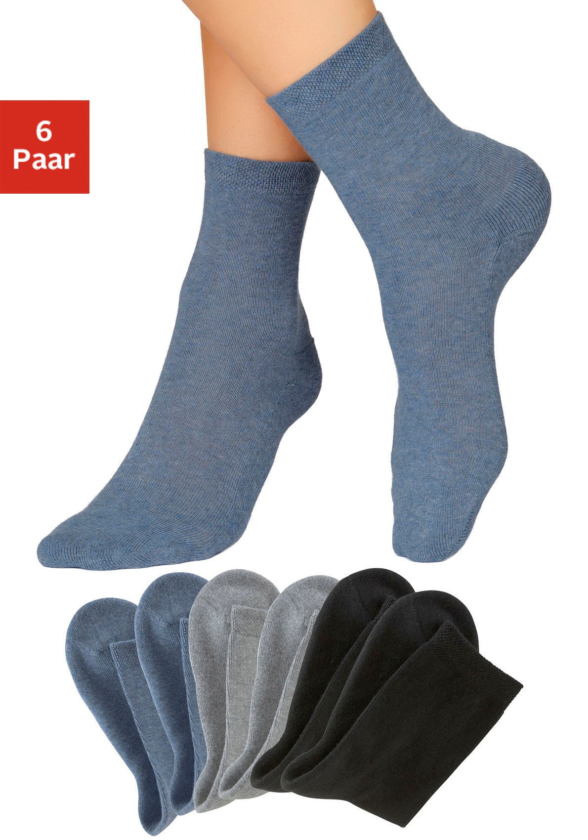 Socken H.I.S, Damen, Gr. 43-46, bunt (2x schwarz, 2x jeans, melange, 2x grau, melange), Baumwolle, Elasthan, Polyamid, uni und melange, elastisch, Socken, mit bequemem Frottee