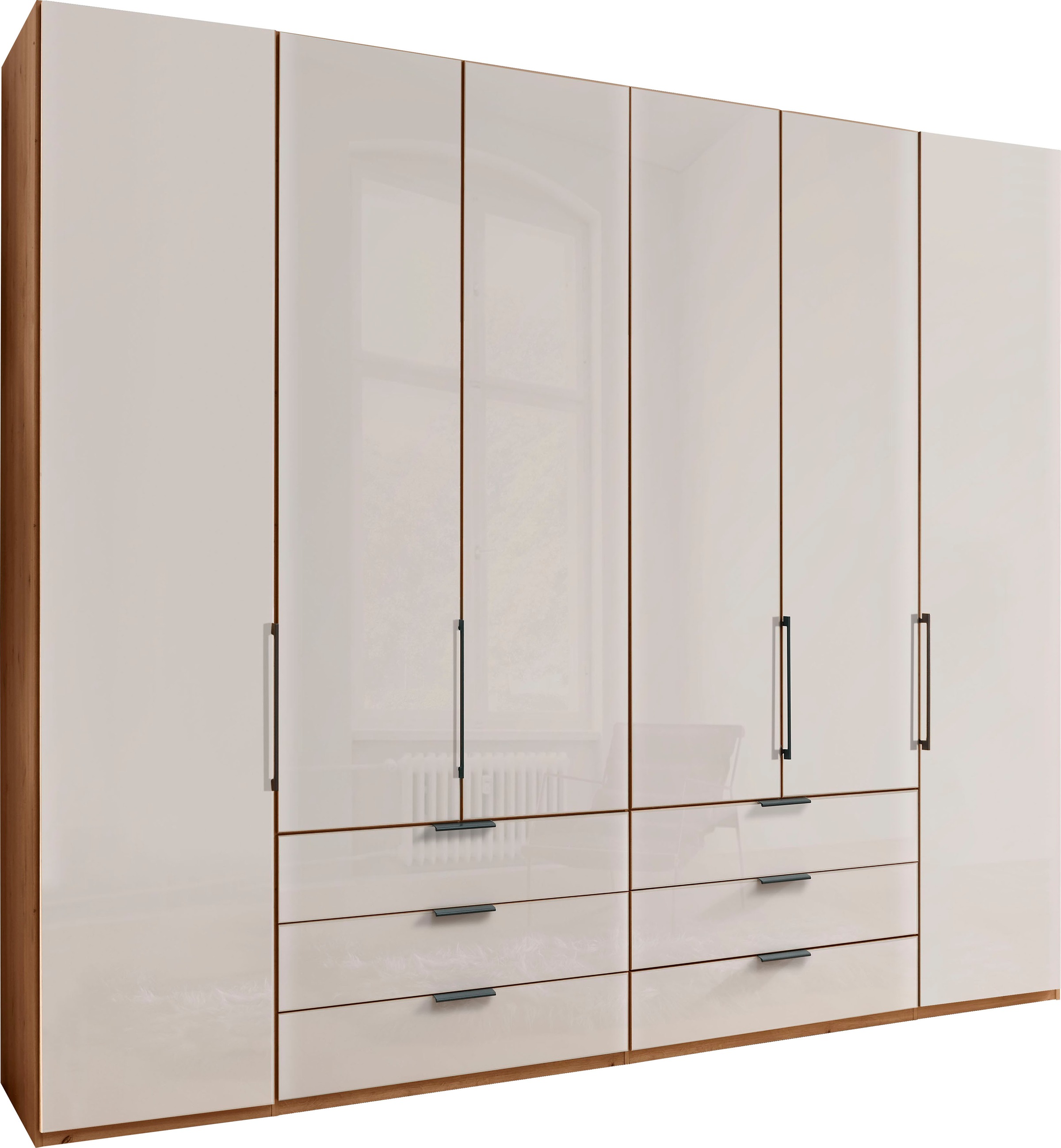 Falttürenschrank WIEMANN "Monaco, Kleiderschrank, Schrank, Wäscheschrank, mit edler Glasfront", braun (bianco, eiche, nachbildung, glas champagner), B:246,9cm H:236cm T:58cm, Floatglas, Holzwerkstoff, Schränke, Kleiderschrank Drehtürenschrank, inkl....
