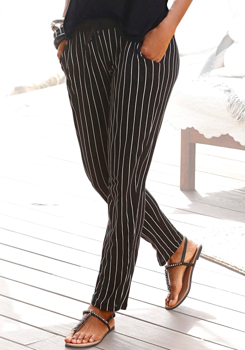 Strandhose BUFFALO, Damen, Gr. 42, N-Gr, schwarz-weiß (schwarz, weiß, gestreift), Jersey, Obermaterial: 100% Viskose, bedruckt, normal lang, Hosen Strandhose, mit Streifendruck, bequeme Schlupfhose, Jerseyhose