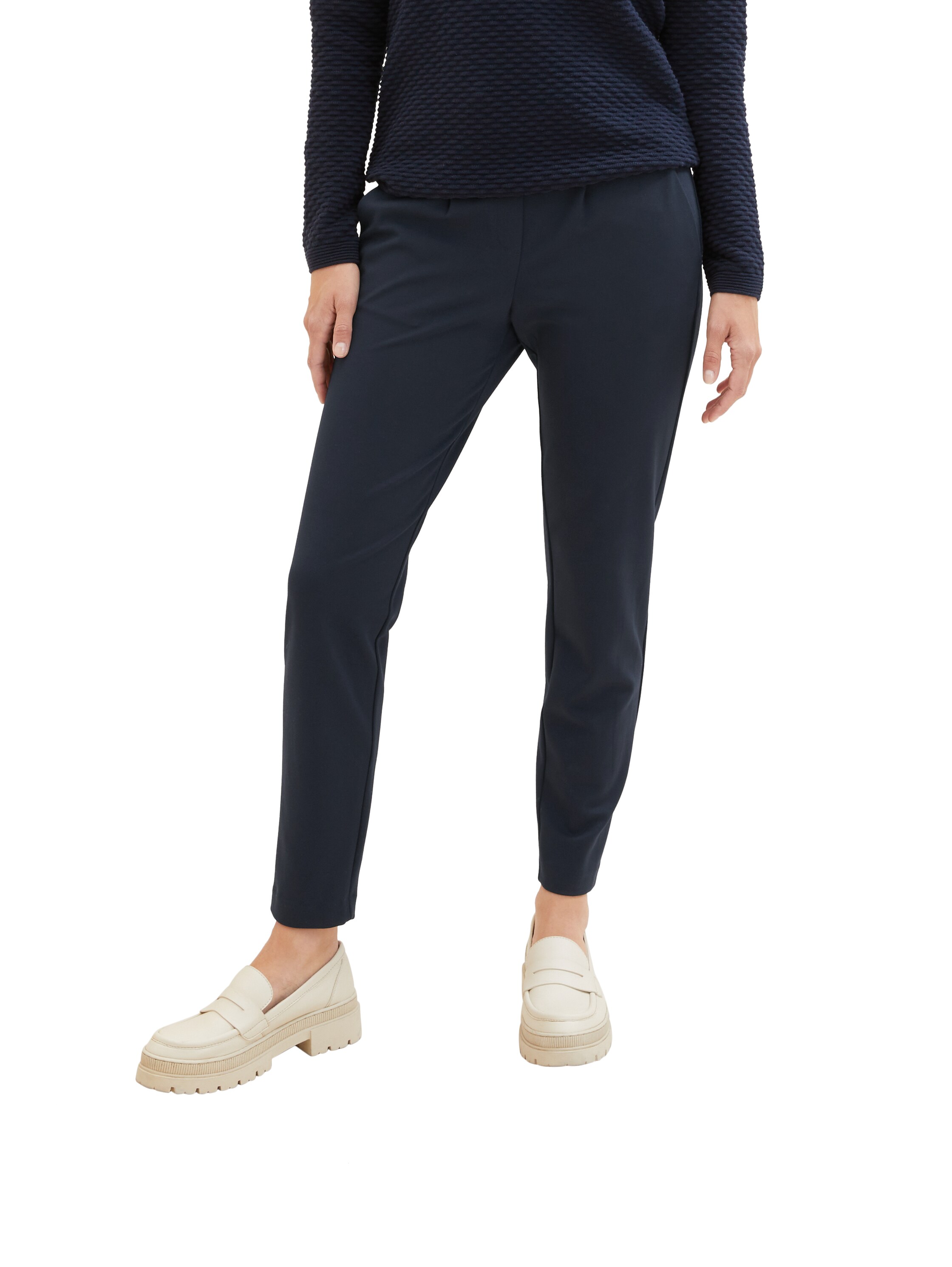 Jogger Pants TOM TAILOR "Loose - Slim", Damen, Gr. 38, Länge 32, blau (marine), Jersey, Obermaterial: 60% Viskose, 34% Polyamid, 6% Elasthan, unifarben, lässig geschnitten lang, Hosen, mit Bundfalten