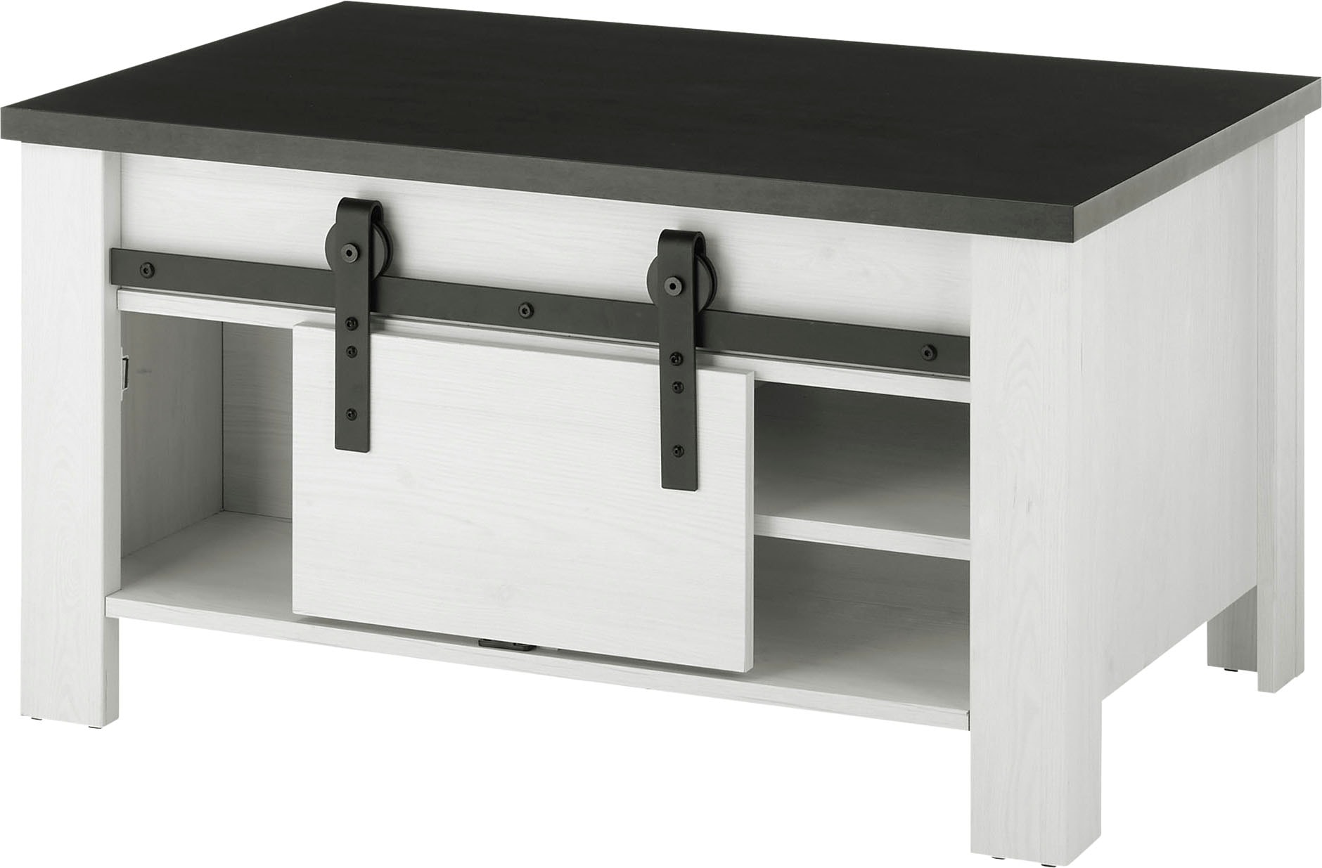 Couchtisch HOME AFFAIRE "SHERWOOD", weiß (pinie weiß dekor, anthrazit), B:93cm H:50cm T:60cm, Tische, Couchtisch Eckige Couchtische, modernes Holz Dekor, mit Scheunentorbeschlag aus Metall, Breite 93 cm