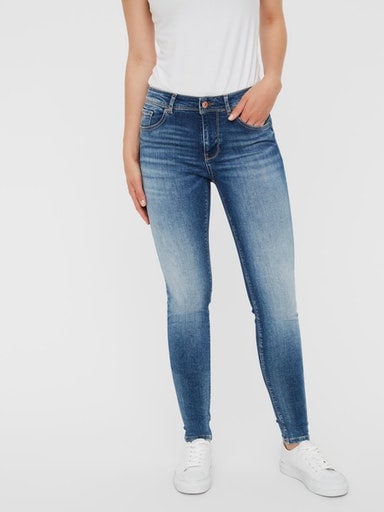 Skinny-fit-Jeans VERO MODA "VMLUX MR SLIM", Damen, Gr. XS, Länge 34, blau (medium blau denim), Denim/Jeans, Obermaterial: 99% Baumwolle, 1% Elasthan, Basic, skinny fit, Jeans