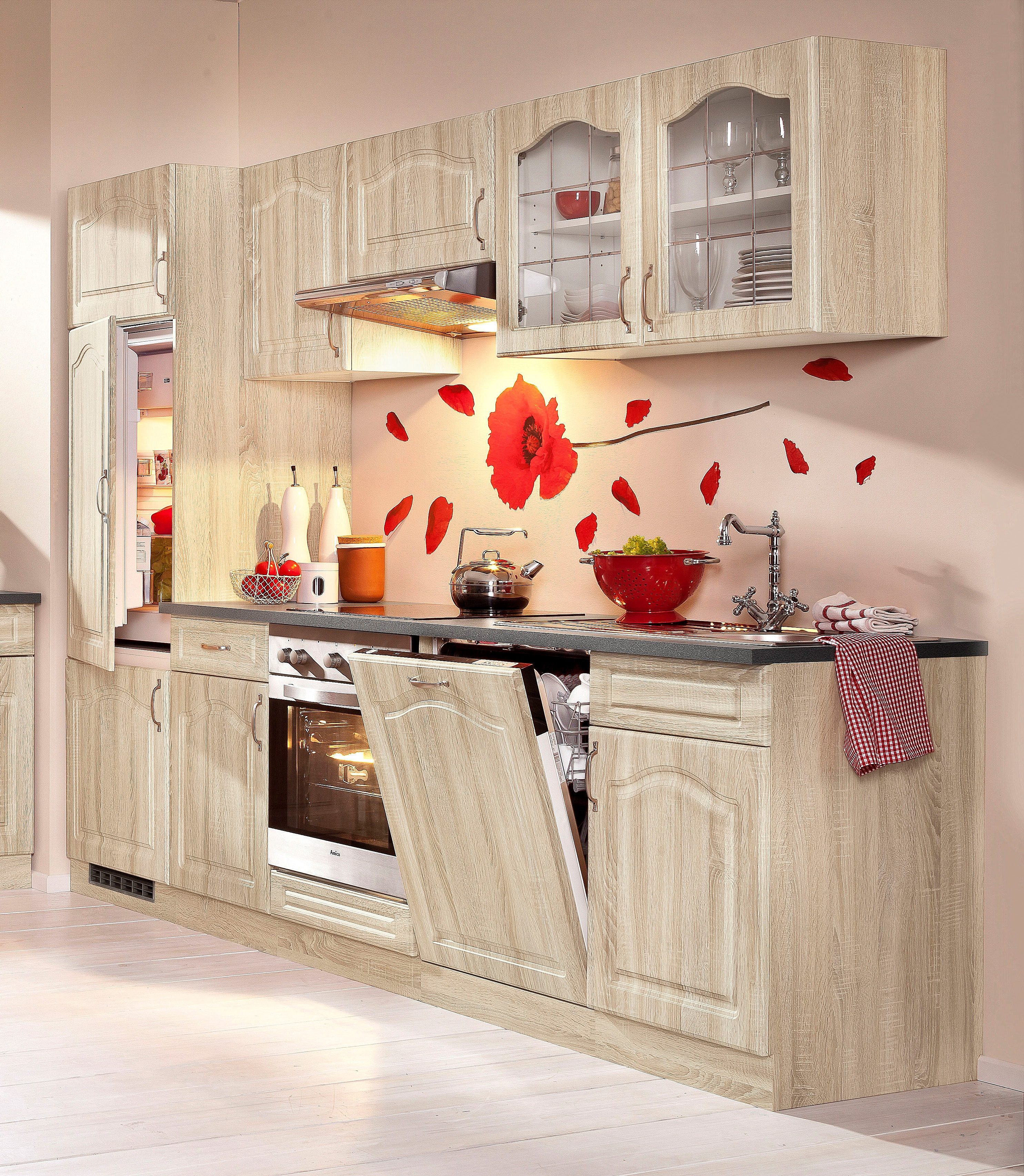 Küchenzeile WIHO KÜCHEN "Linz", braun (küche: braun, korpus: sonoma eichefarben, arbeitsplatte: granit grau), B:280cm T:60cm, Komplettküchen-Sets, Küchenzeile, ohne E-Geräte, Breite 280 cm