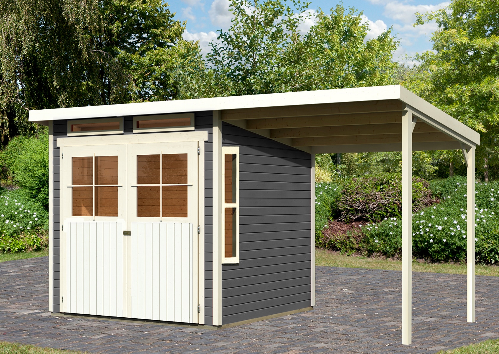 Gartenhaus KARIBU "Falkensee 3", grau (terragrau, elfenbeinfarben, naturbelassen), ohne Fußboden, ohne Dacheindeckung, Holzwerkstoff, Gartenhäuser, Gartenhaus