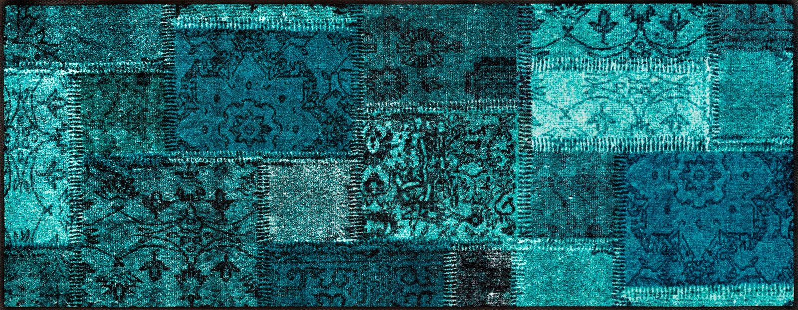 Läufer "Vintage Patches" Gr. 18, blau, B:75cm H:7mm L:190cm, Kunstfaser, WASH+DRY BY KLEEN-TEX, Teppiche, Kurzflor-Läufer Teppichläufer Läufer, Schmutzfangläufer, modernes Patchwork Design, rutschhemmend, waschbar