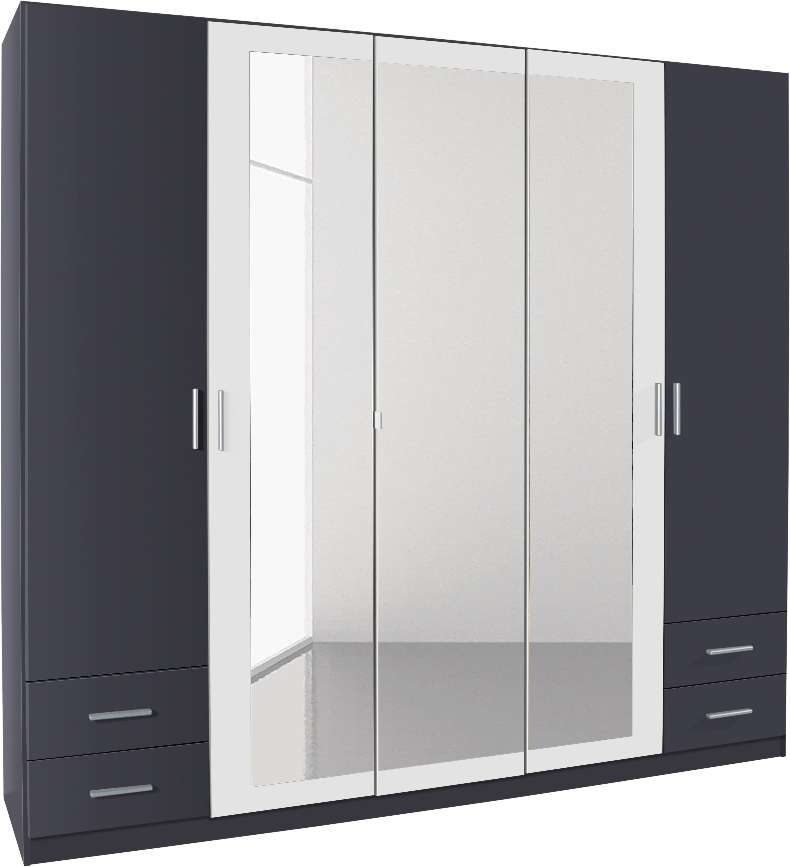 Drehtürenschrank RAUCH "Drehtürenschrank Schrank Garderobe Wäscheschrank Schlafzimmer FLEXX", weiß (graumetallic, weiß), B:225cm H:210cm T:54cm, Holzwerkstoff, Schränke, Drehtürenschrank, mit 4 Schubkästen
