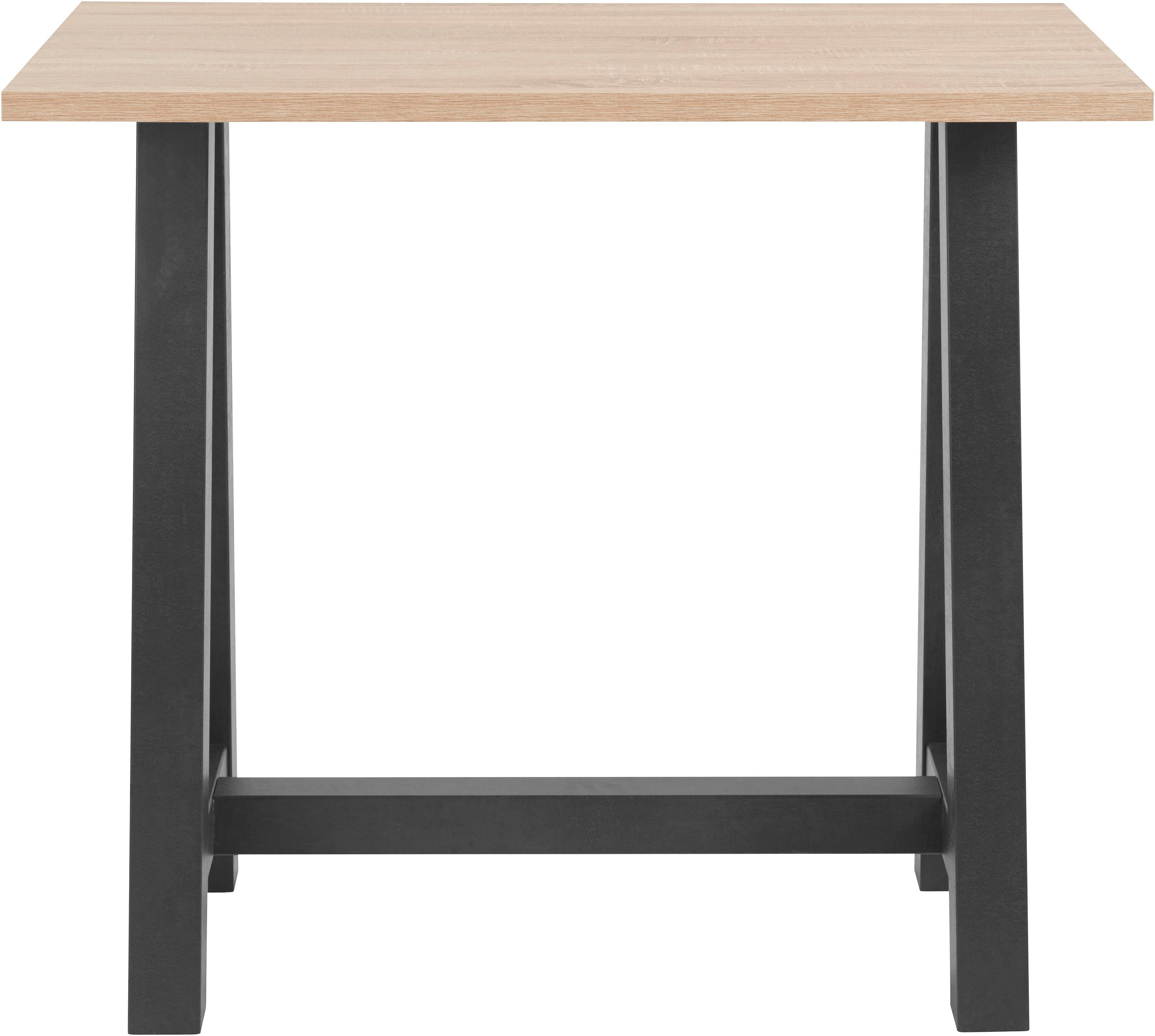 Bartisch MÄUSBACHER, schwarz (schwarzstahl, eichefarben sägerau, schwarzstahl), B:120cm H:105cm T:70cm, Tische, Bartisch, Gestell in A-Form (Breite 120, 140 oder 160 cm)