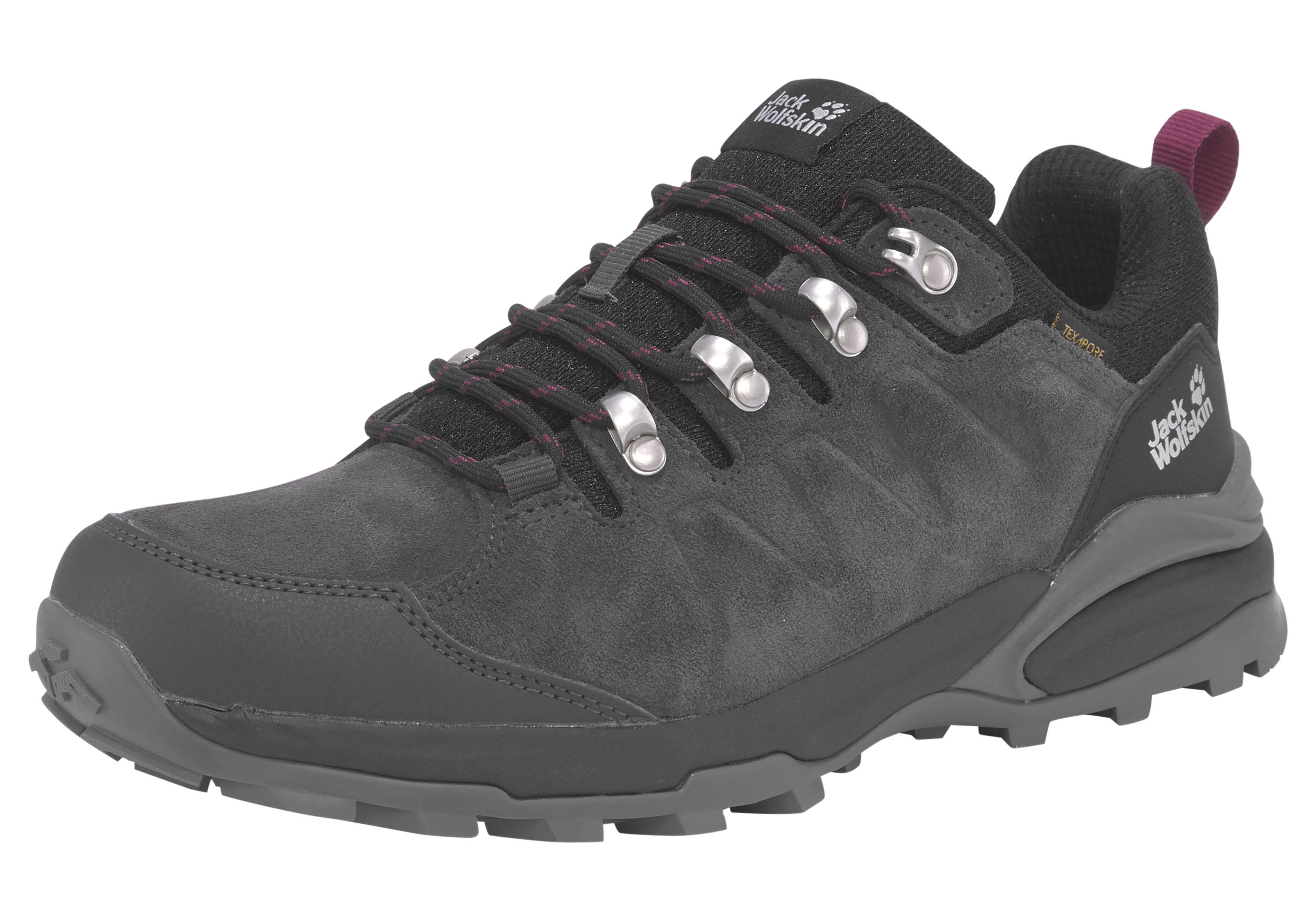 Wanderschuh JACK WOLFSKIN "REFUGIO TEXAPORE LOW W", Damen, Gr. 37,5, schwarz, Textil, Veloursleder, Schuhe Wanderschuh, Wasserdicht, Trekkingschuh