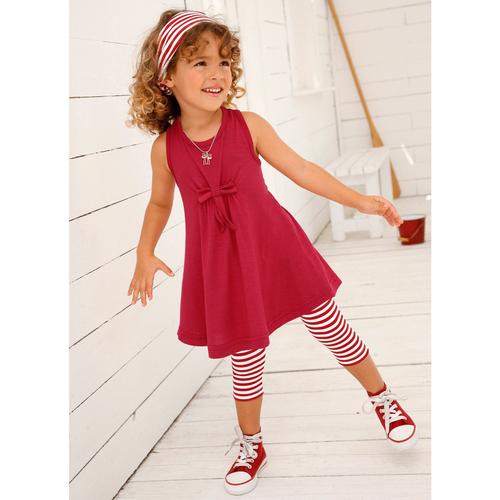 Kleid, Leggings & Haarband KIDSWORLD Gr. 92/98, rot (rot, weiß) Mädchen KOB Set-Artikel Spar-Sets Capri und Haarband maritim geringelt