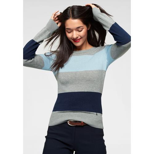 Rundhalspullover AJC Gr. 32/34 (XS), blau (grau, hellblau, marine, gestreift) Damen Pullover mit breiten Block-Streifen