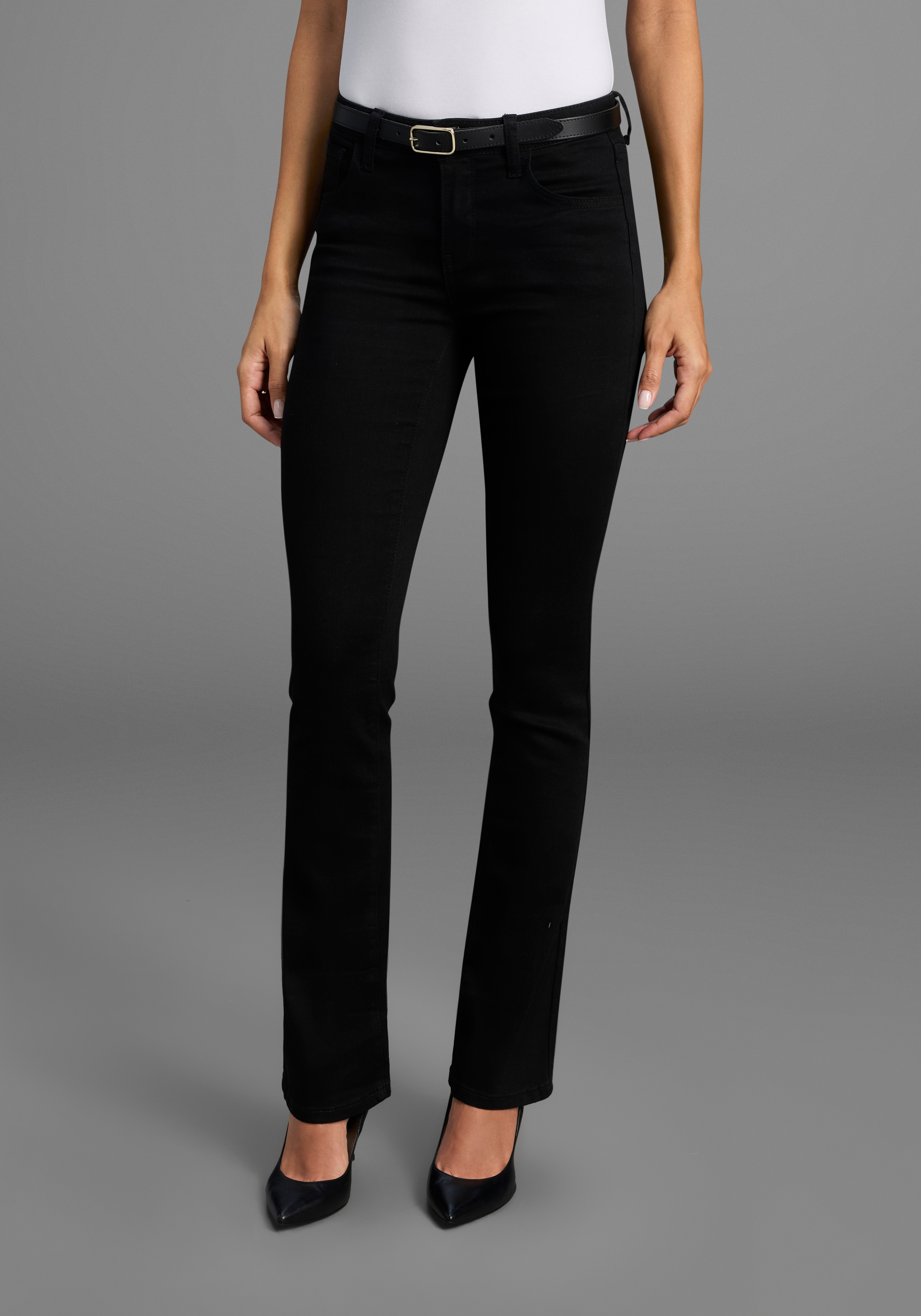 Bootcut-Jeans ARIZONA "Ultra-Stretch", Damen, Gr. 100, K + L Gr, schwarz (schwarz schwarz), Denim/Jeans, Obermaterial: 74% Baumwolle, 24% Polyester, 2% Elasthan, Basic, extraeng lang, Jeans, normale Passform, Baby-Bootcut, Used-Look-Waschung, Topseller