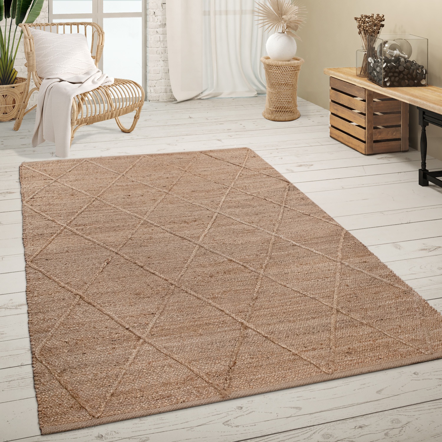 Teppich PACO HOME "Skive 685", beige (natur), B:160cm H:13mm L:230cm, Jute, Teppiche, handgeflochten, Rauten Muster, Naturfaser, auch als Läufer Image