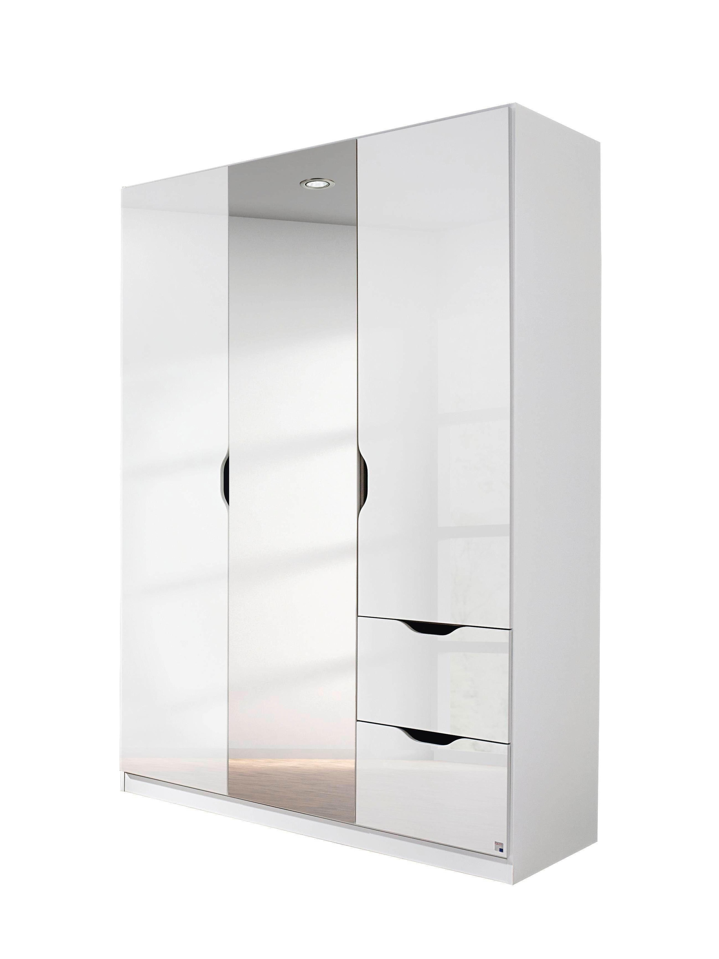 Kleiderschrank RAUCH "Freiham Drehtürenschrank Garderobe BESTSELLER", weiß (weiß hochglanz), B:136cm H:197cm T:54cm, Holzwerkstoff, Schränke, mit Spiegel und Schubkästen, Griffmulden, Schlafzimmerschrank Schrank