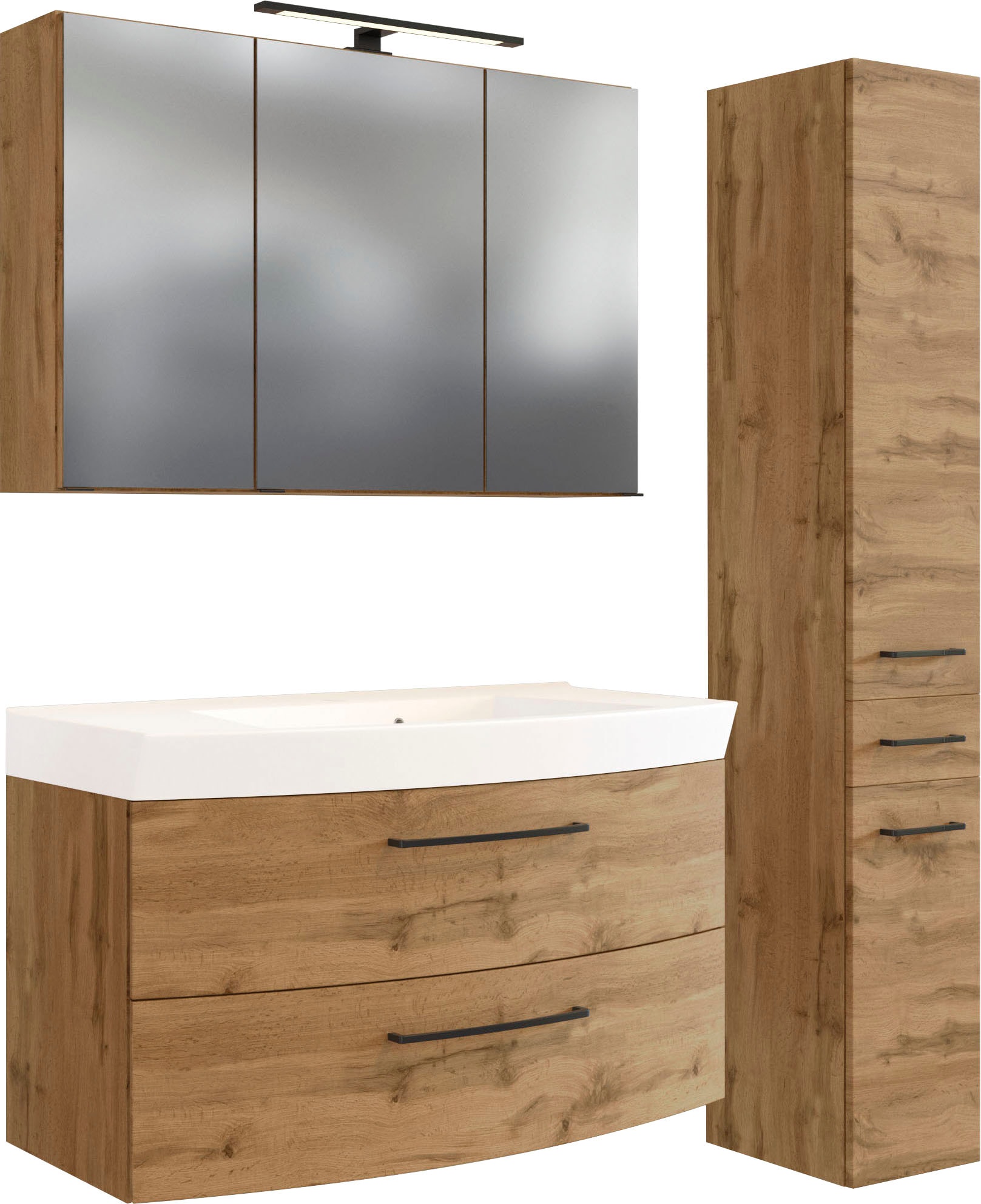 Badmöbel-Set WELLTIME "Chicago", braun (wotaneiche), B:130cm H:200cm T:50cm, MDF, Kastenmöbel-Sets, Soft-Close-Funktion Image