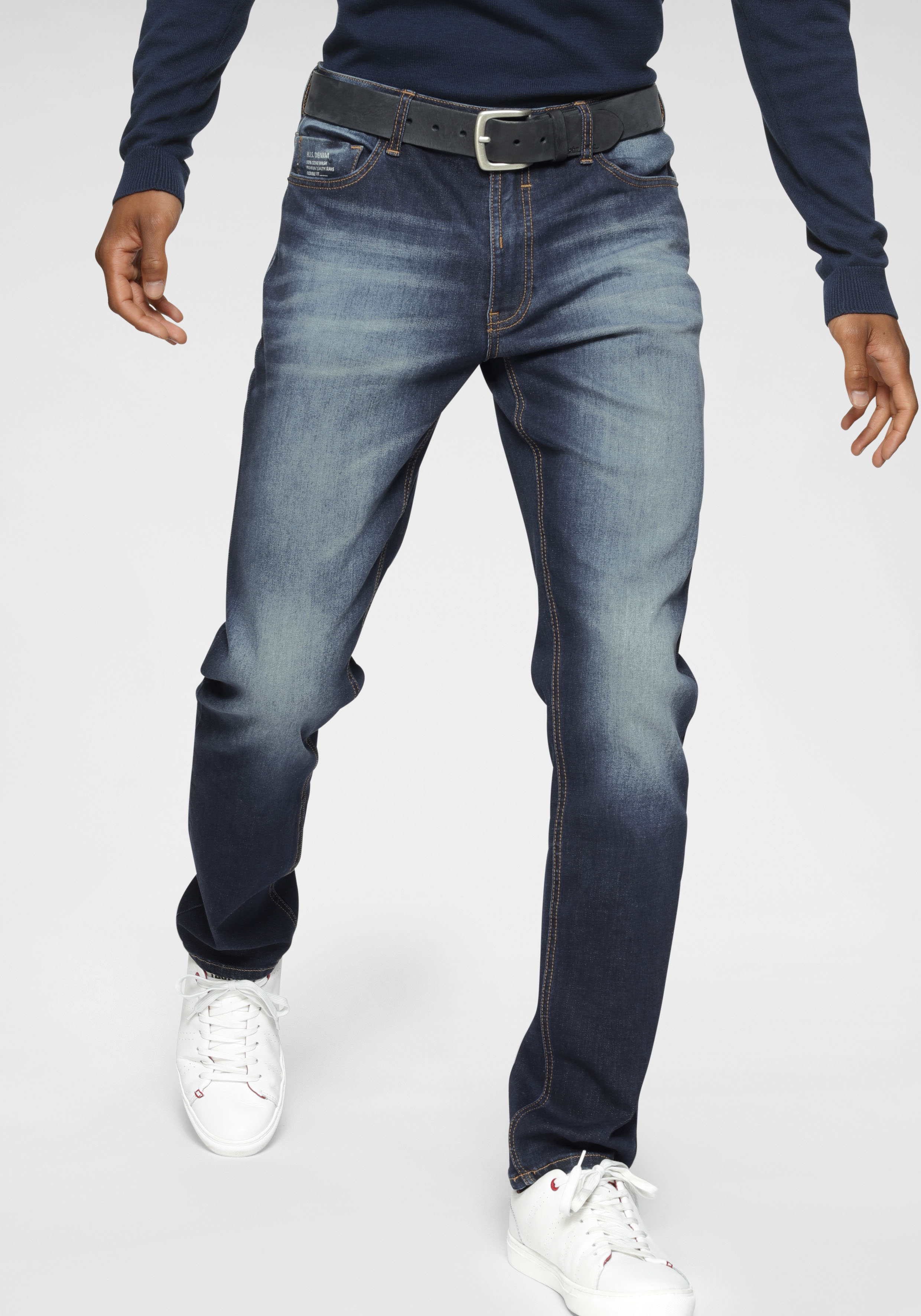 Straight-Jeans H.I.S "DIX", Herren, Gr. 36, Länge 36, blau (d blau), Denim/Jeans, Obermaterial: 92% Baumwolle, 7% Elastomultiester, 1% Elasthan, normal lang, Jeans Straight-Jeans, gerade Beinform, niedrige Leibhöhe, Used-Waschung