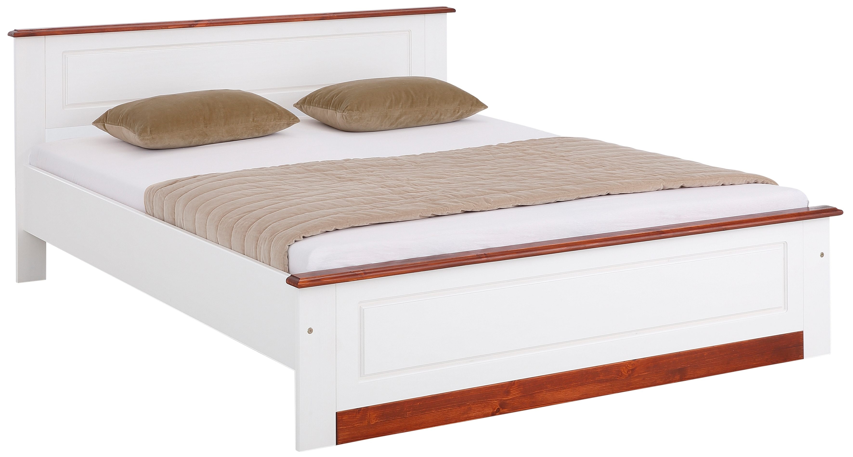 Massivholzbett OTTO HOME "Madrid, Landhausstil, hohe Belastbarkeit", weiß (weiß, kirschbaumfarben), B:192cm L:208cm, Betten, Massivholzbett, mit Rollrost, aus massivem Kiefernholz, Kassettenoptik