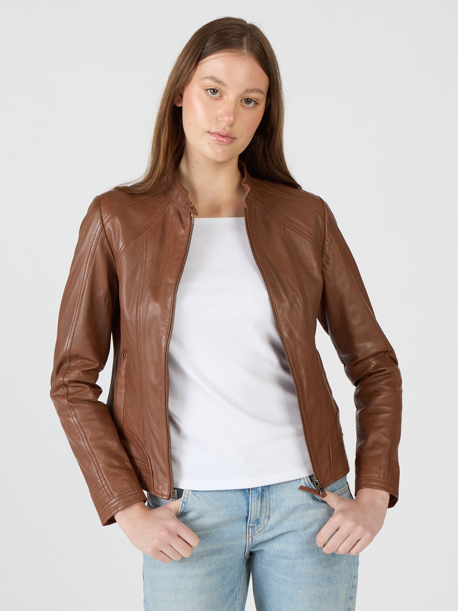 Lederjacke MUSTANG "Blanca", Damen, Gr. XXL, braun (cognac), Obermaterial: 100% Lammleder / Futter: 100% Baumwolle / Ärmelfutter: 100% Polyester, Jacken Image