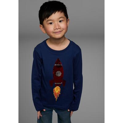 Langarmshirt KIDSWORLD "Rakete aus Wendepailletten", Jungen, Gr. 140/146, blau (marine), Jersey, Obermaterial: 100% Baumwolle, modisch, Basic, Rundhals, Langarm, Shirts, langärmelige, Basic-Passform, aus Jerseystoff, aus Baumwolle Image