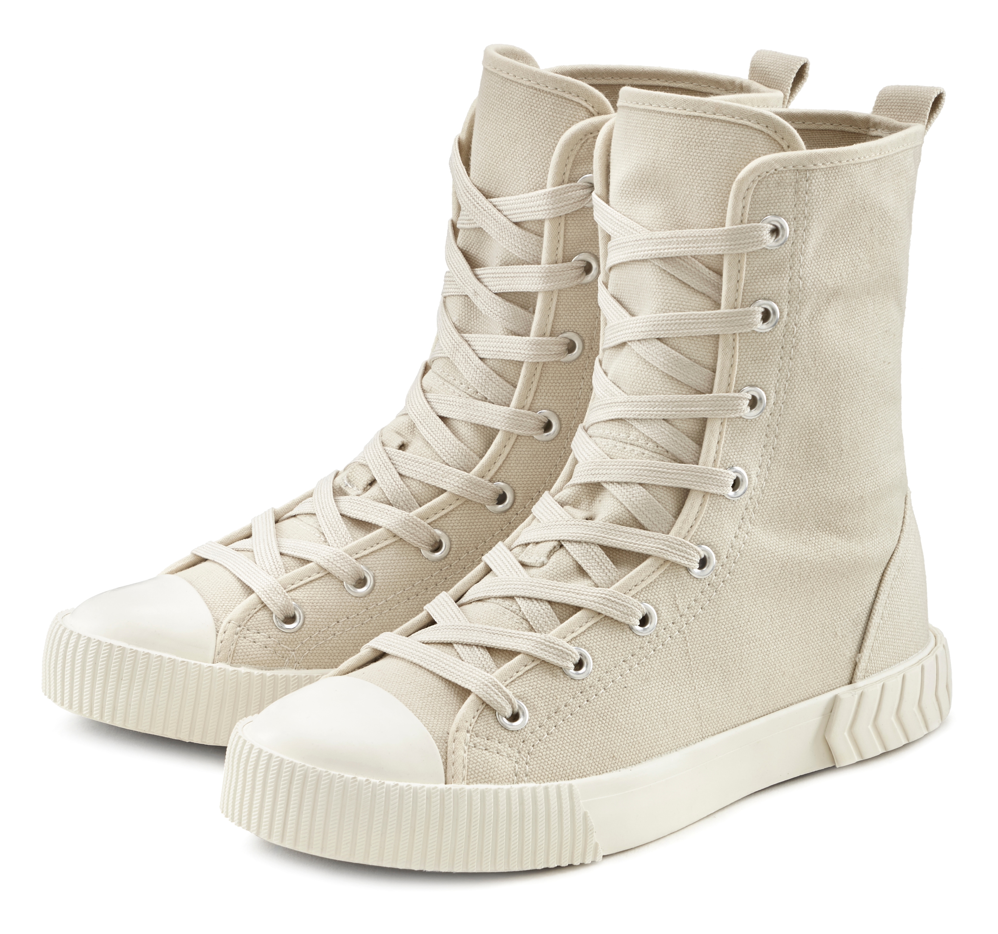 Stiefelette LASCANA, Damen, Gr. 37, beige, Obermaterial: 100% Textilmaterial. Decksohle: 100% Textilmaterial. Futter: 100% Textilmaterial. Laufsohle: 100% Synthetik, unifarben, Schuhe Stiefelette, im Combat Look, High Top Sneaker, Schnürschuh,...