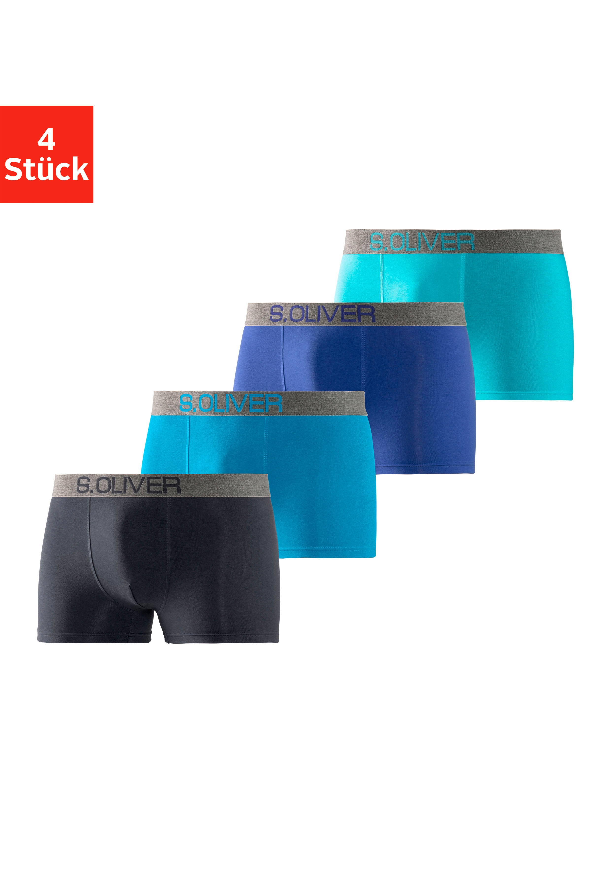 Boxer S.OLIVER "Boxershorts für Herren", Herren, Gr. M, 4 Stk., blau (türkis, hellblau, marine, royalblau), Jersey, Obermaterial: 92% Baumwolle, 8% Elasthan (LYCRA), unifarben, körpernah, Unterhosen, mit kontrastfarbenem Webbund