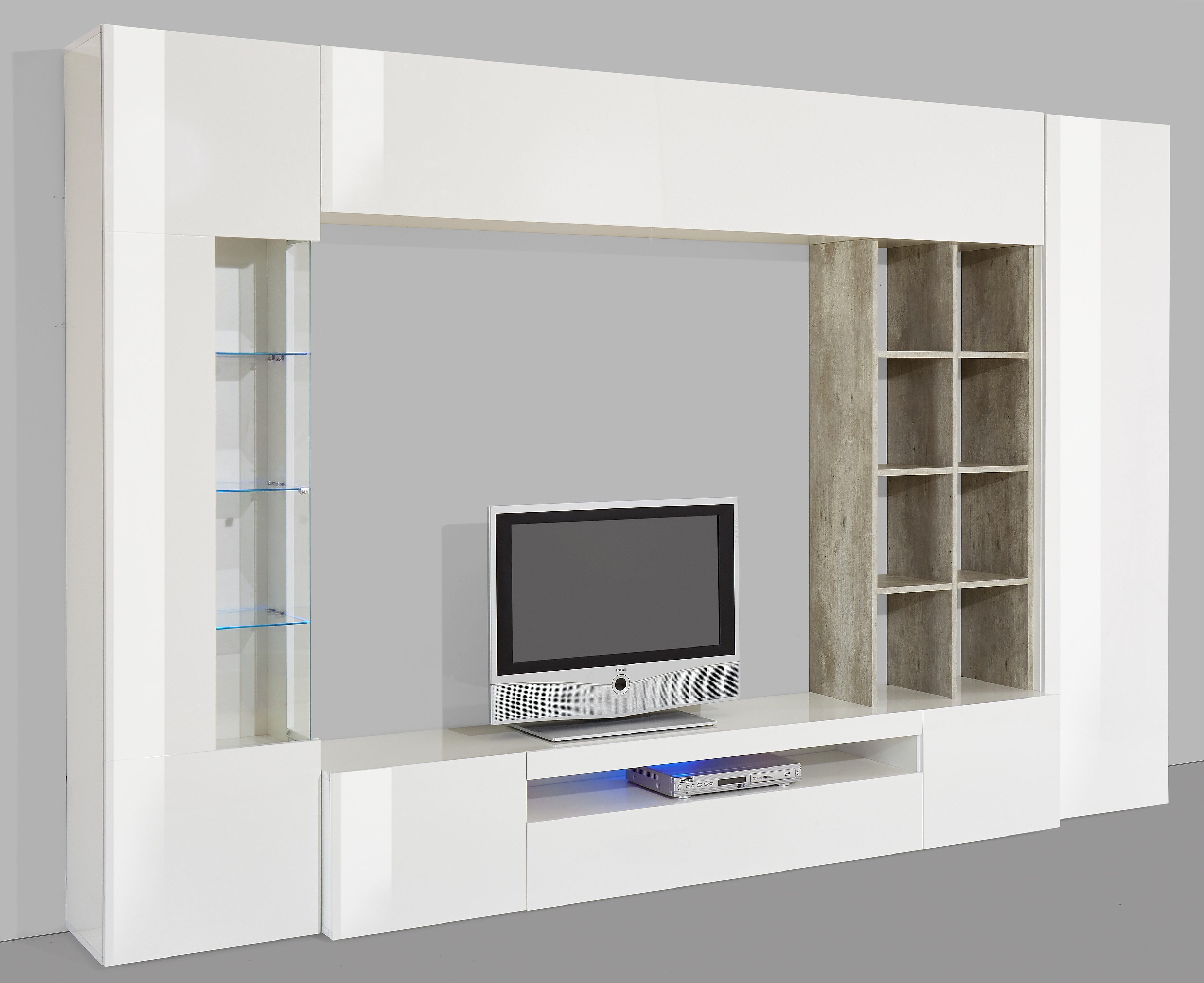 Wohnwand INOSIGN "New Egypt, Anbauwand, Medienwand, Wohnzimmerwand", weiß (weiß, beton, optik), B:290cm, Glas, Holzwerkstoff, Kastenmöbel-Sets, Wohnwand, 2 Klappen,2 kleineTüren,2 große Türen,Regalaufsatz Breite 290 Höhe 191