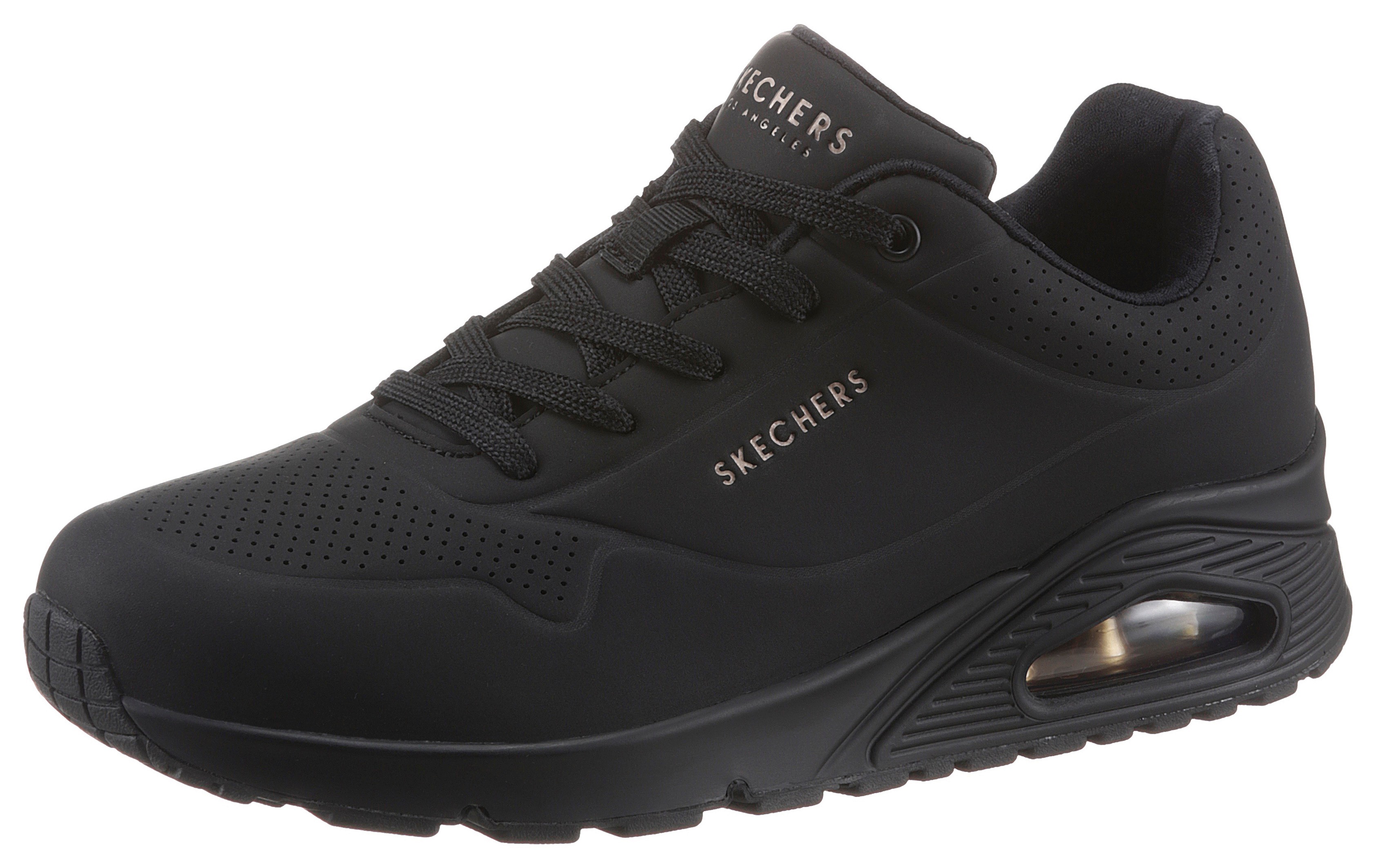Wedgesneaker SKECHERS "Uno - Stand on Air", Damen, Gr. 37, schwarz, Lederimitat, Schuhe Modernsneaker Sneaker low, Freizeitschuh, Halbschuh, Schnürschuh mit feiner Perforation, Topseller