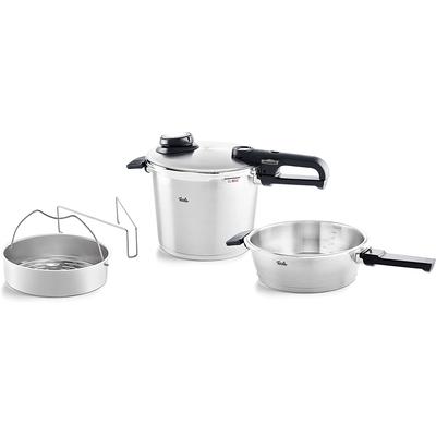 Schnellkochtopf FISSLER "Vitavit premium Edelstahl Schnellkochtopf-Set 4-teilig", silber (silberfarben), Ø:22cm, Töpfe, Verriegelungsanzeige, Einstellbares Abdampfen, Einstellbare Kochstufen