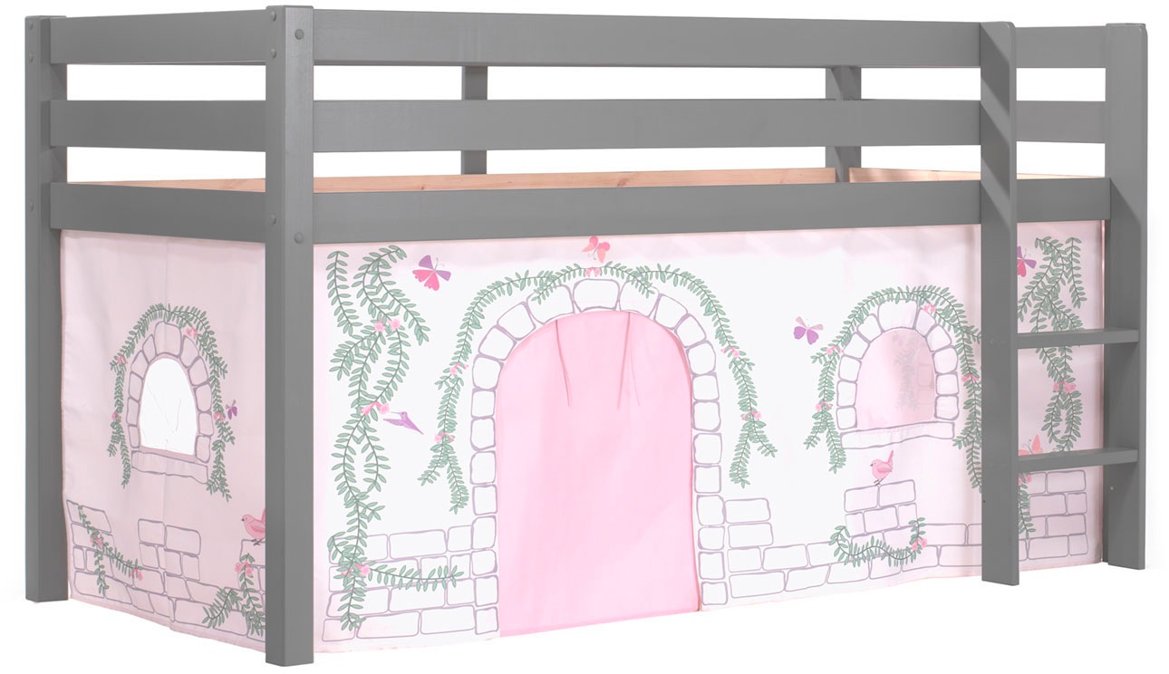 Hochbett VIPACK "Pino, Spielbett massiv Kiefer, stabil gebaut, 3 Korpusfarben zur Wahl", grau (grau lackiert, birdy), B:106cm H:114cm L:210cm, Hochbetten, Hochbett, Textil-Set "Astronaut", inkl. Vorhang, mit oder ohne Tunnel