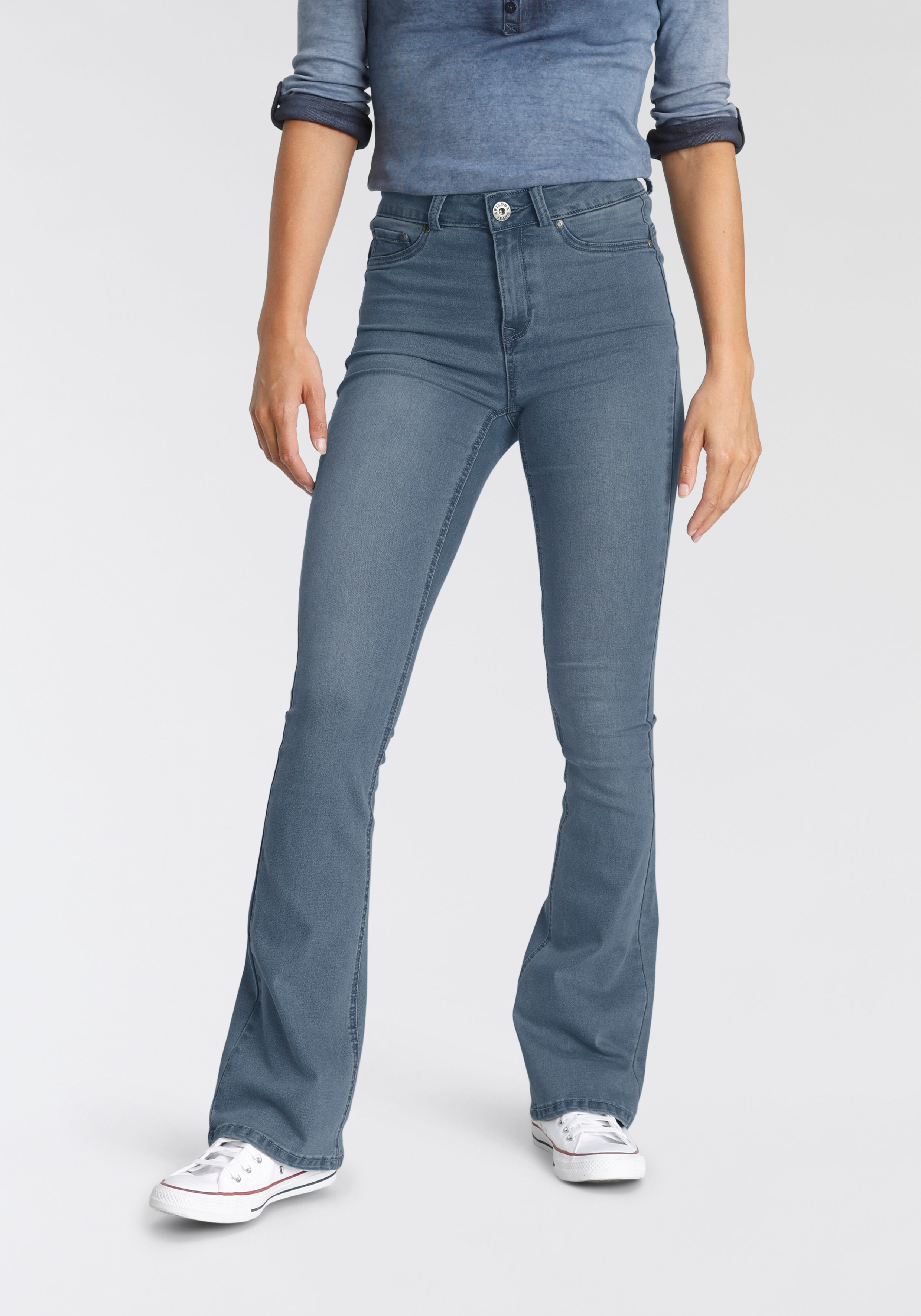 Bootcut-Jeans ARIZONA "Ultra Stretch", Damen, Gr. 22, K + L Gr, blau (blau used), Denim/Jeans, Obermaterial: 63% Baumwolle, 32% Polyester, 5% Elasthan, eng lang, Jeans, ausgestellte Beinform, Used-Waschung, hohe Leibhöhe, Topseller