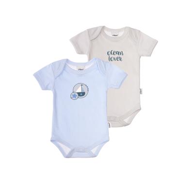 Body LILIPUT "Ocean Lover", Baby, Gr. 86/92, EURO-Größen, blau (hellblau, grau), 100% Baumwolle, bedruckt, gestreift, kurz, Rundhals, Kurzarm, Bodies, im 2er-Pack mit süßen Ozean-Motiven