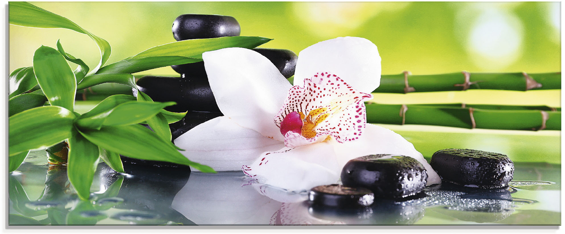 Glasbild ARTLAND "Spa Steine Bambus Zweige Orchidee", grün (farbe bild(er): grün), B:125cm H:50cm, Bilder, in verschiedenen Größen Image