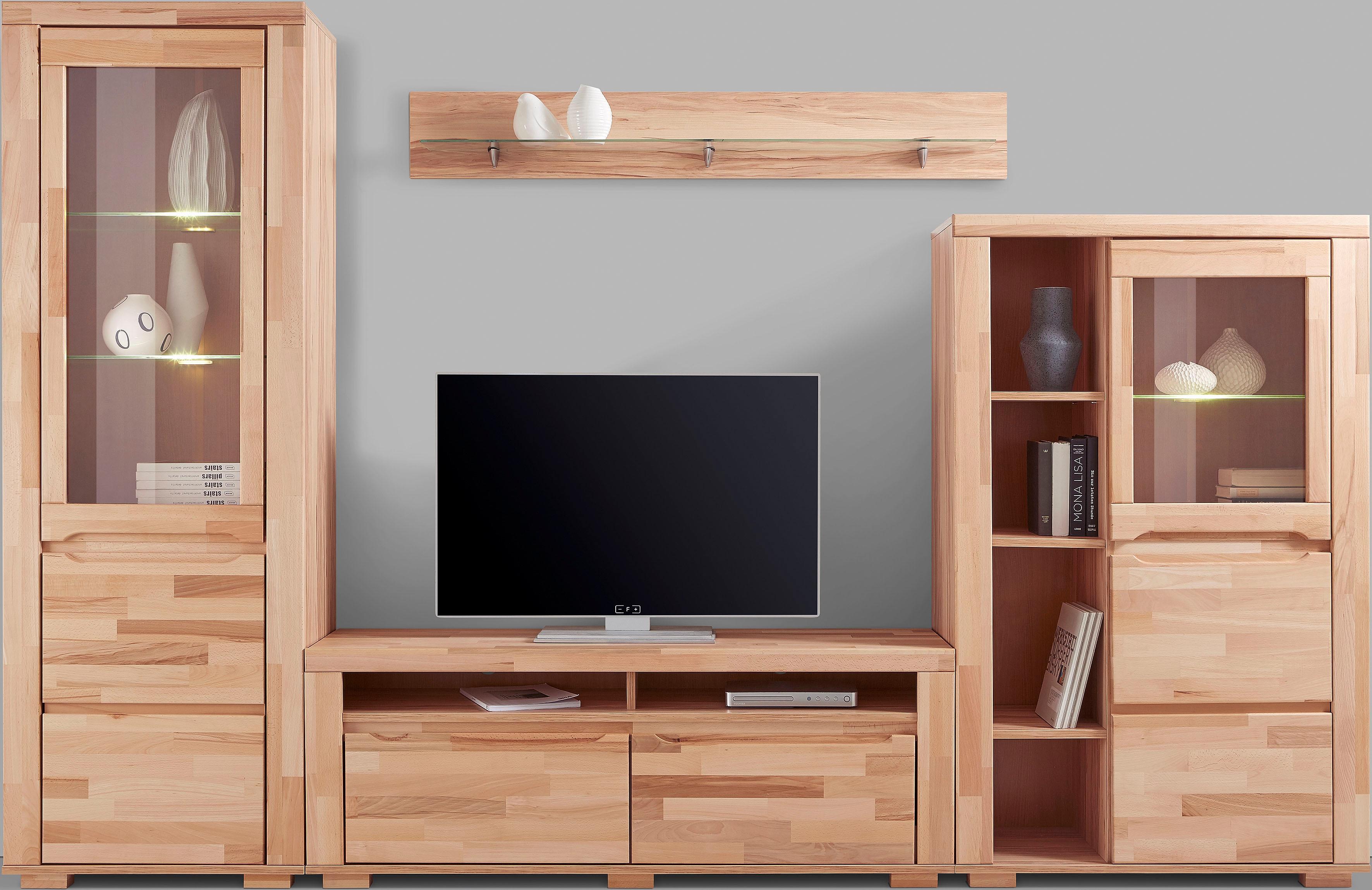 Wohnwand HOME AFFAIRE "Denis", beige (kernbuche teilmassiv), Holzwerkstoff Kernbuchefarben (Korpus)/ Massivholz Kernbuche (Front), Kastenmöbel-Sets, Wohnwand, teilmassives Holz