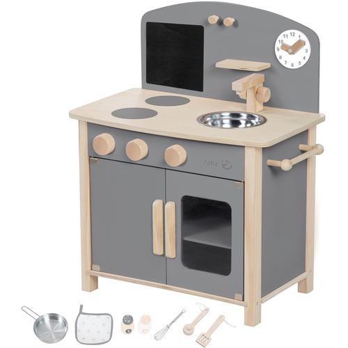 „Spielküche ROBA „“Holzspielzeug, Spielküche, grau/natur““ Spielküchen beige (natur, grau) Kinder Kinderküchen Zubehör mit Kreidetafel, Pfanne und Küchezubehör“